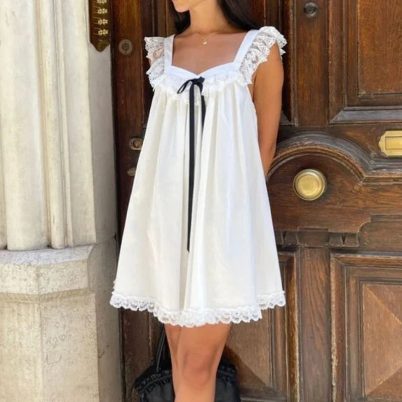 Ribbon Bow Lace Trim ALine Mini Dress