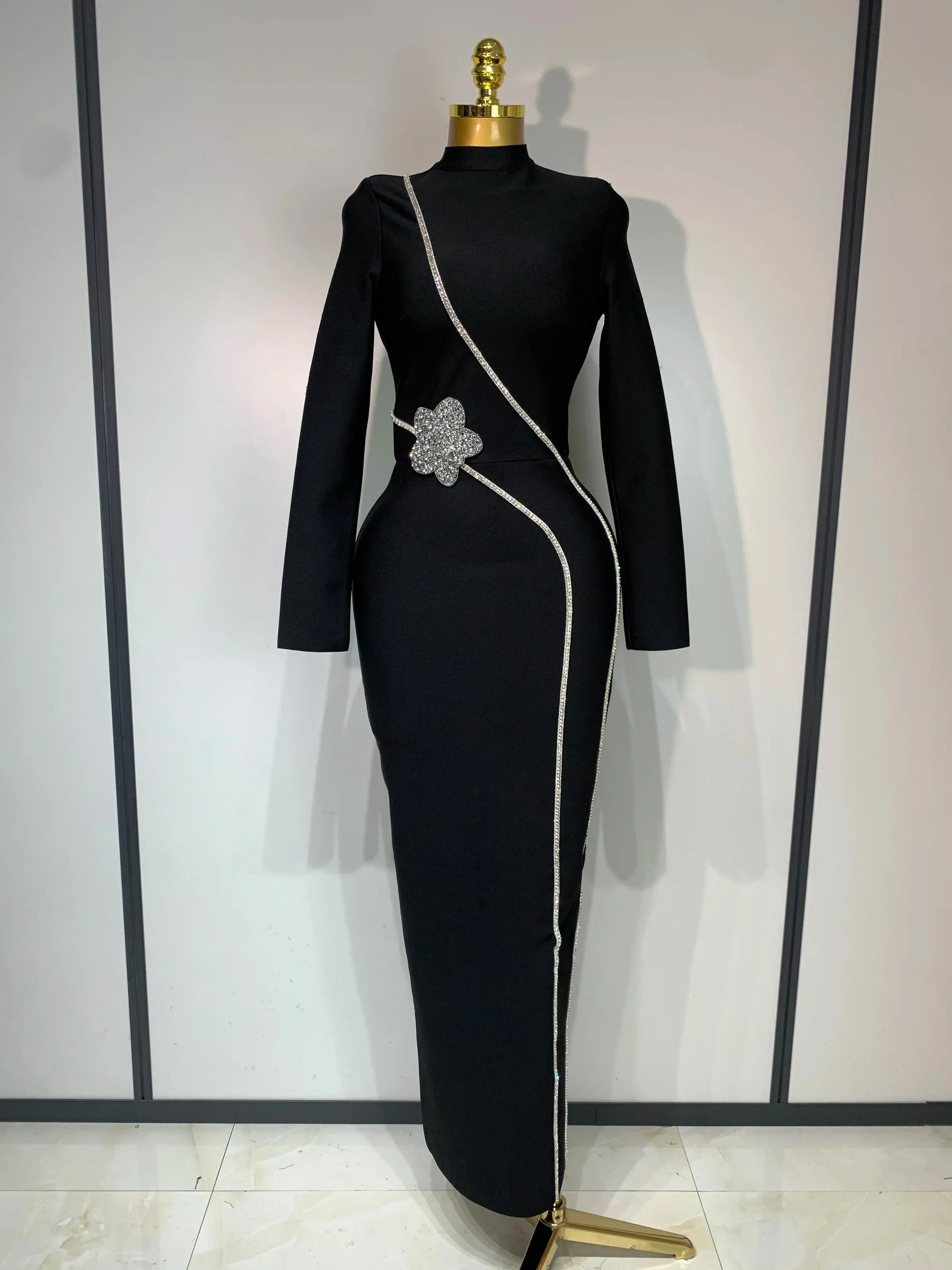 Fashion Designer Party Dress Women's Formal Long Sleeve Diamonds Bodycon Bandage Dress Elegant Luxury Birthday Gown black