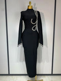 Women Sexy Long Sleeve Diamonds Maxi Long Bodycon Bandage Dress Celebrity Elegant Evening Party Luxury Birthday Dresses black