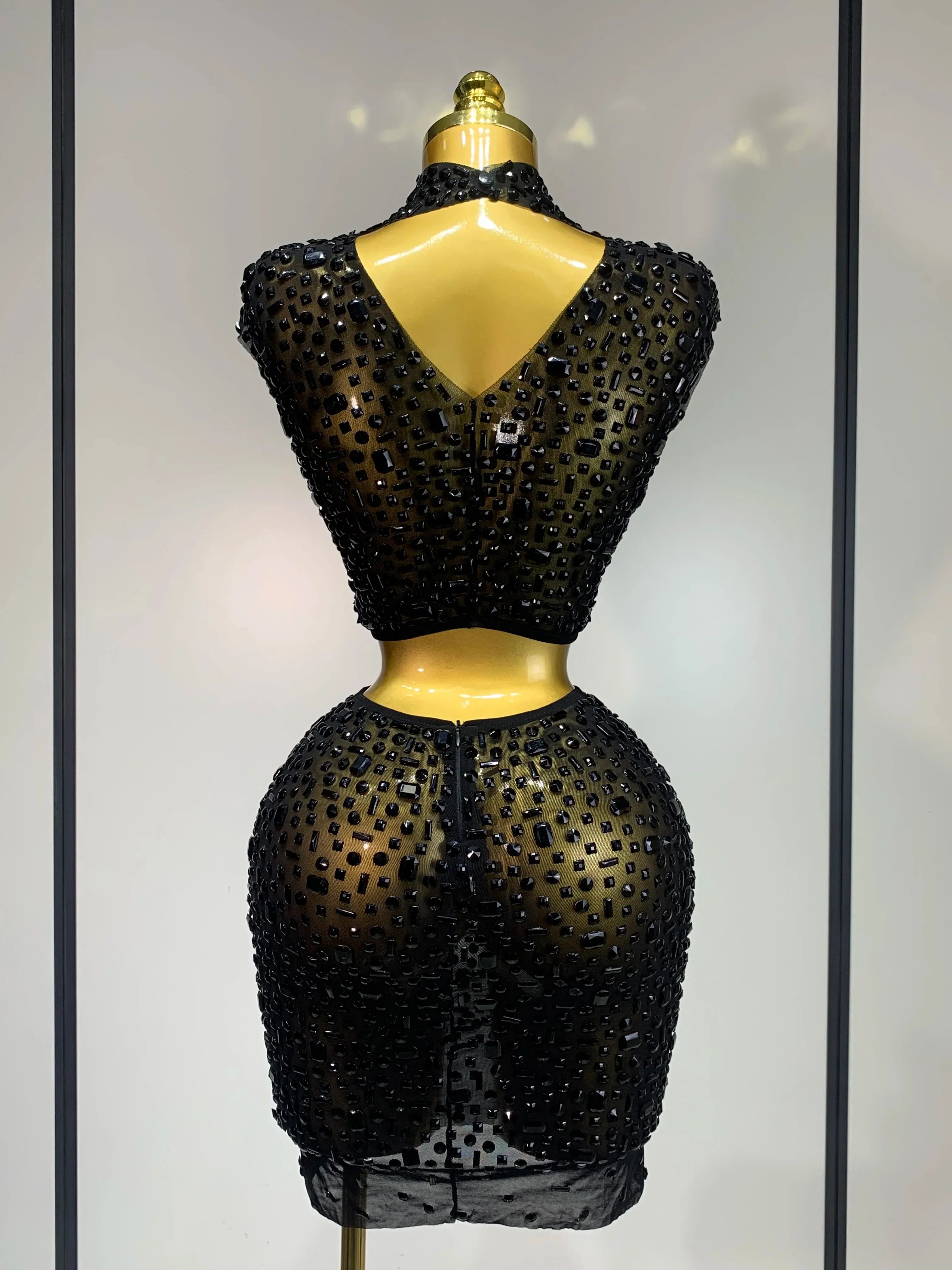 Luxury Rhinestone Mesh See Through Celebrate Birthday Dress Sparkly Top Short Skirt Two Pieces Sets Performance Stage Costume