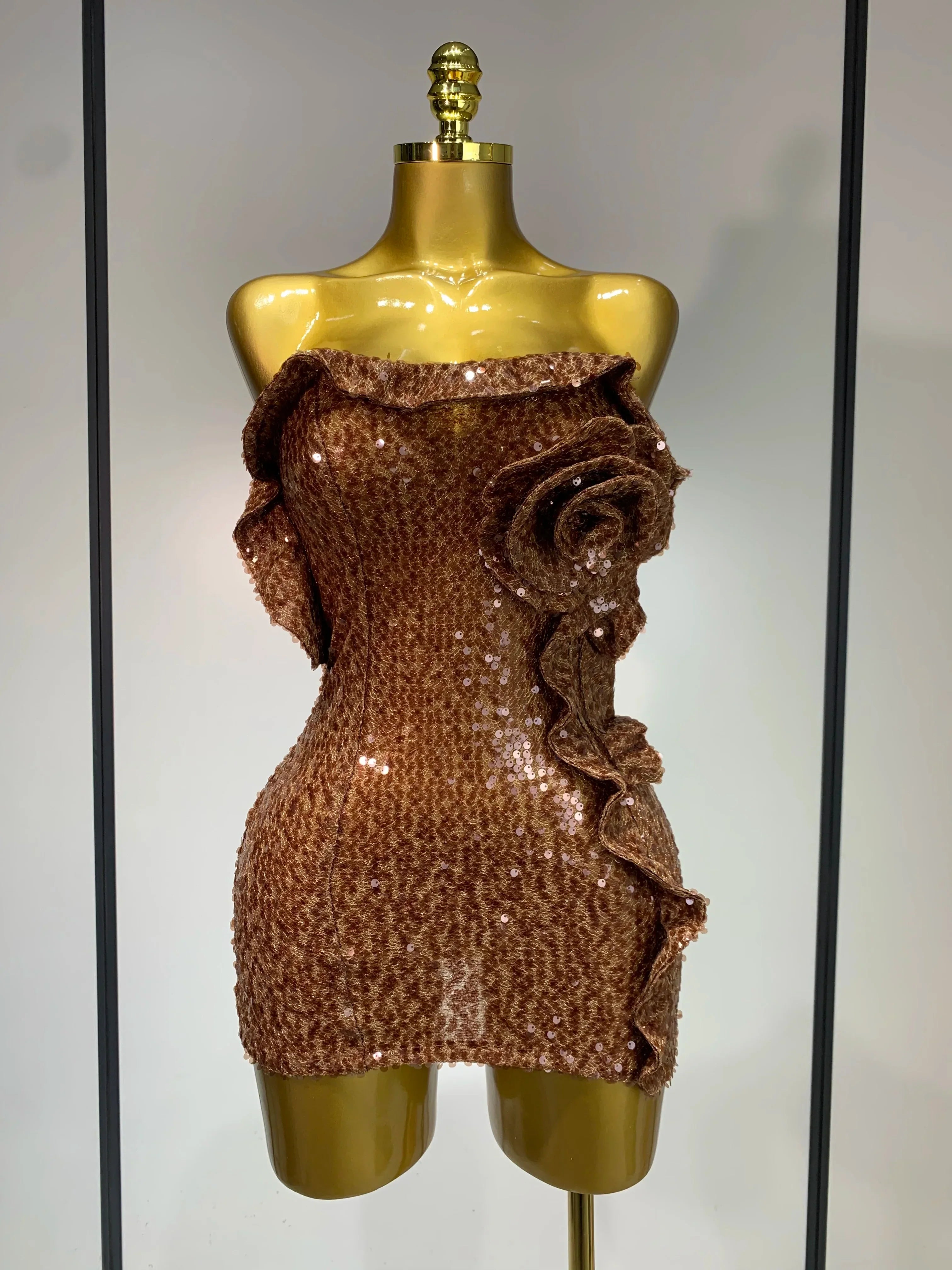 Women Sexy Strapless Backless Brown Sequins Mini Dress Celebrity Elegant Evening Party Club Luxury Birthday Guest Gown Dark Brown