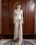 Ivory Satin Halter Flowers Sleeveless Silk Dress