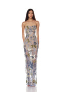 Sequin Flower Embroidery Sexy Mesh See Through Strapless Ankle Length Dress Woman Evening Party Dress Celebrity Cocktail Vestido As picture