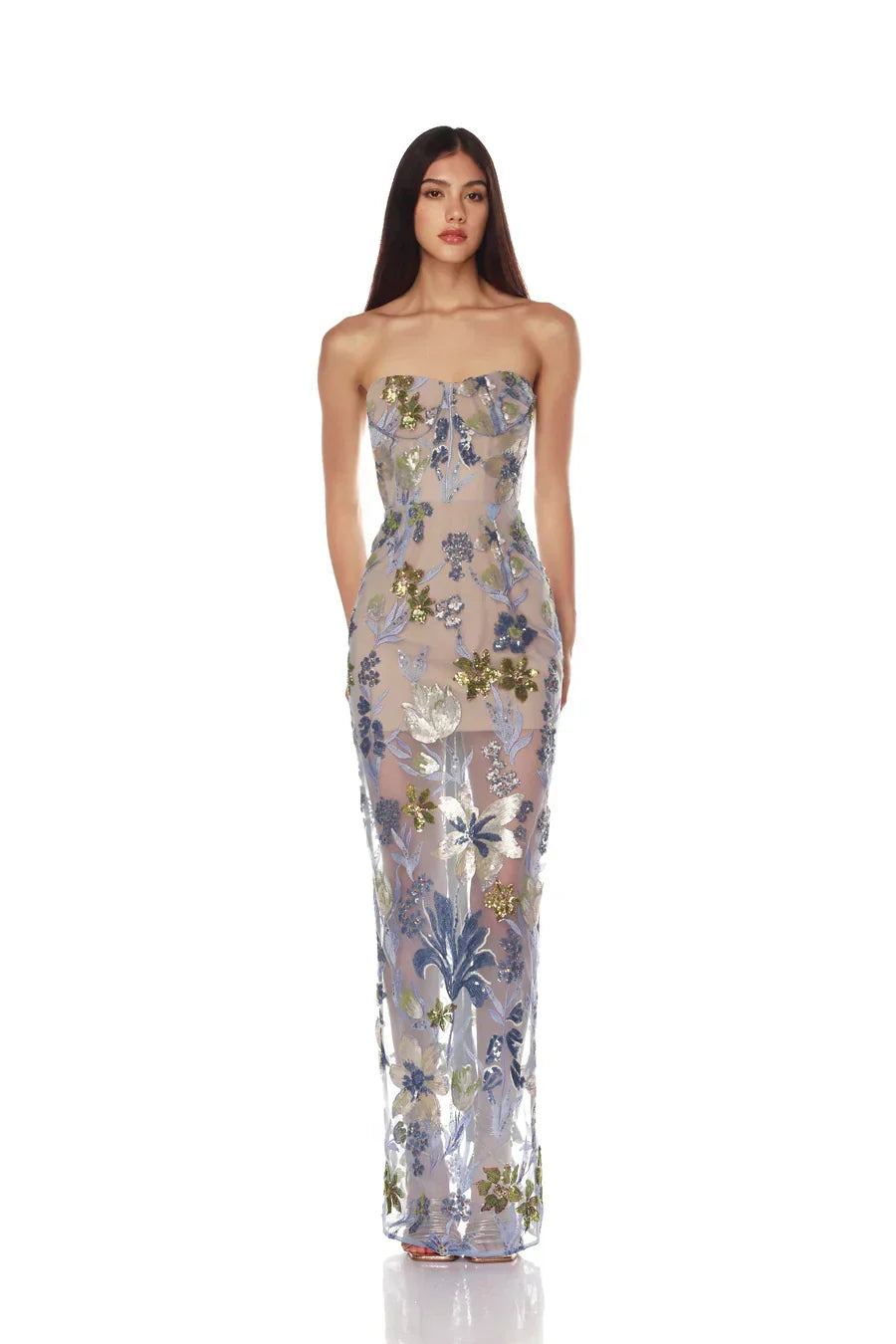 Sequin Flower Embroidery Sexy Mesh See Through Strapless Ankle Length Dress Woman Evening Party Dress Celebrity Cocktail Vestido As picture