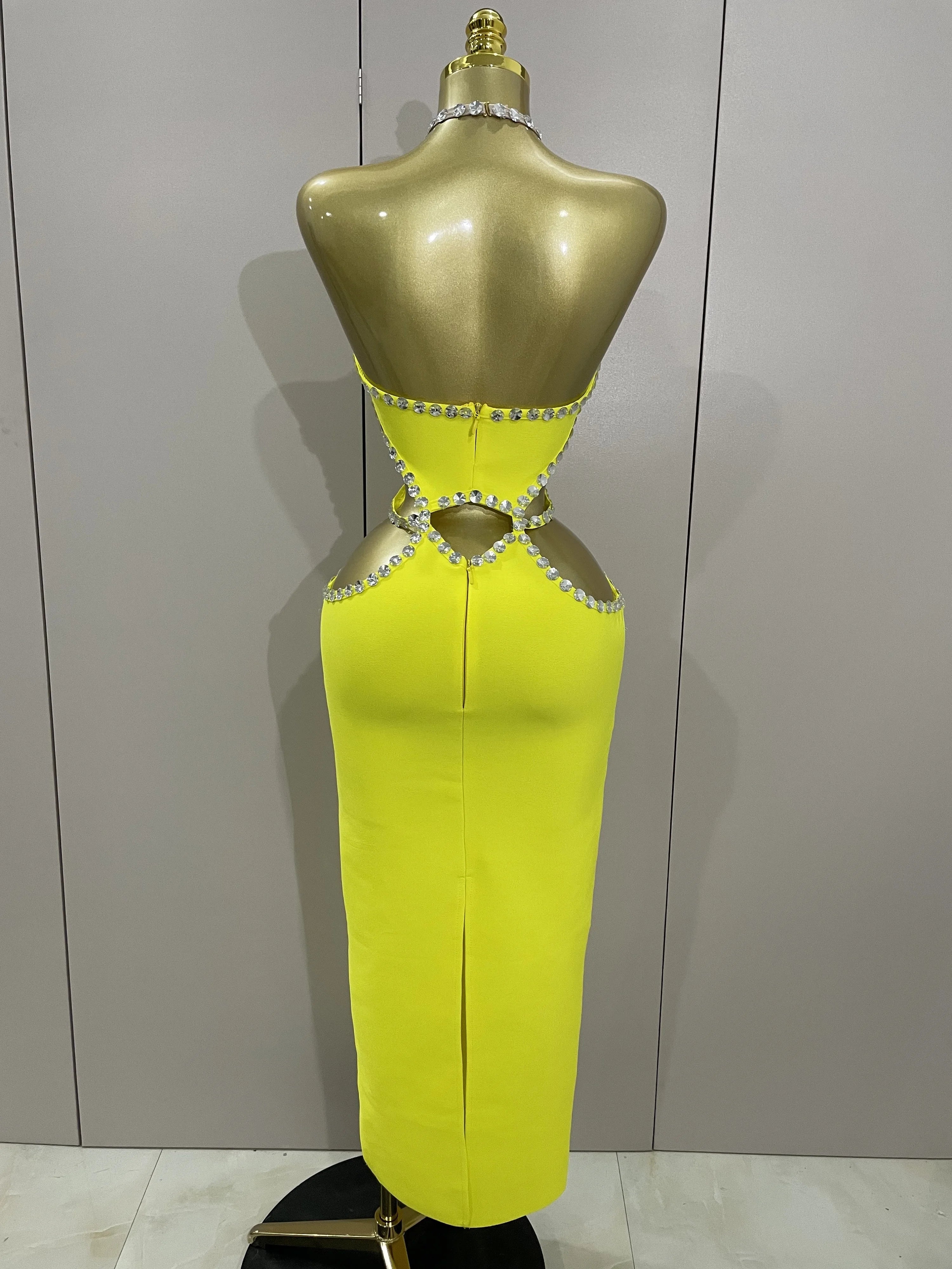 Luxury Sexy Backless Halter Beading Maxi Long Lemon Yellow Bandage Dress  Women Elegant Evening Club Birthday Party Dress