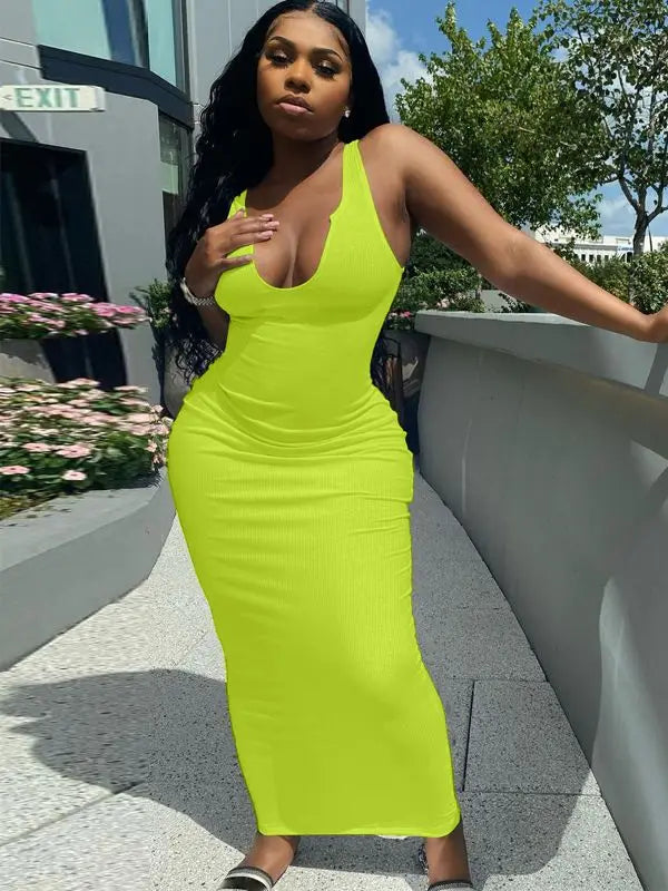 Ribbed Stripe Sleeveless Vneck Midi Dress