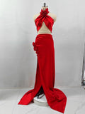 Red Black Christmas Style Women Sexy Florals 2 Pieces High Split Floor-length Dress Nightclub Party Cocktail Celebrate Wear Red