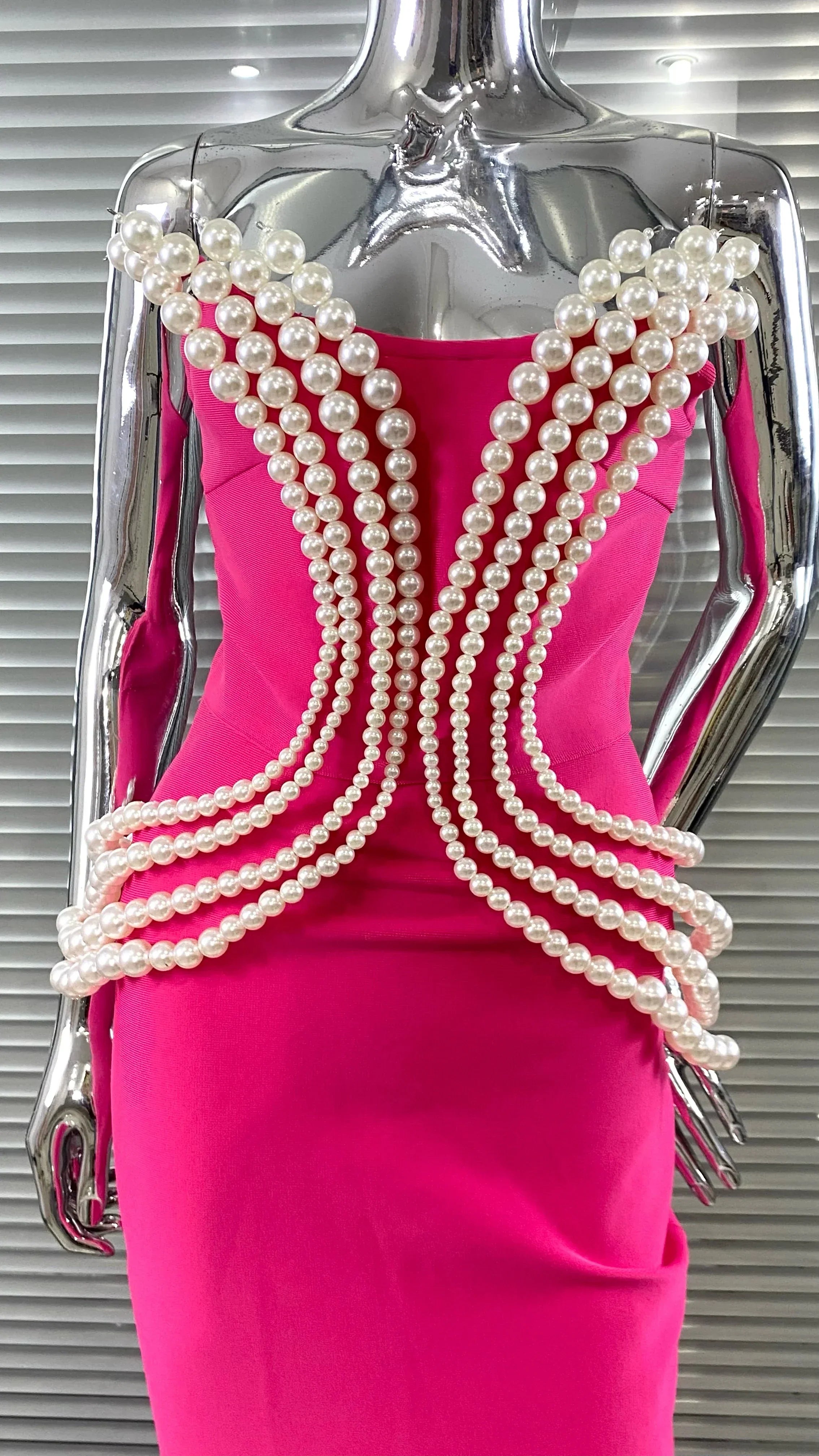 Luxury Pearl Geometric Design Strapless Package Hips Bandage Long Dress Elegant Woman Party Dress Celebrity Party Vestido
