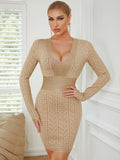 Winter Women Long Sleeve Sexy V-Neck Bodycon Mini Dress Rayon Bandage Fashion Elegant Evening Party Outfit Khaki