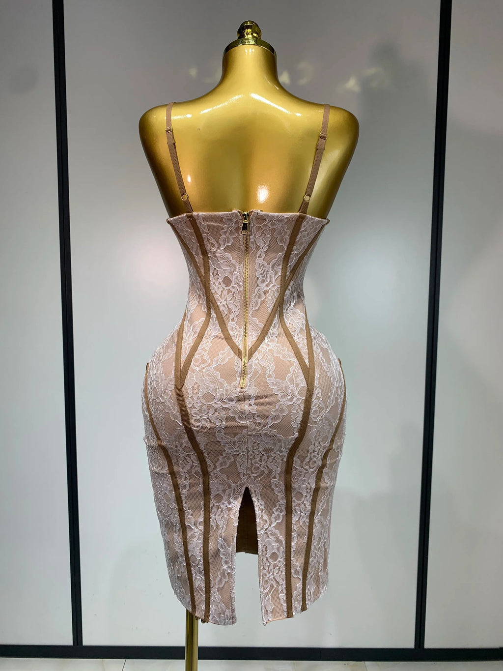 Luxury Birthday Dress Women Khaki Spaghetti Strap Lace Sexy Bodycon Celebrity Elegant Cocktail Club Party Bandage Dress