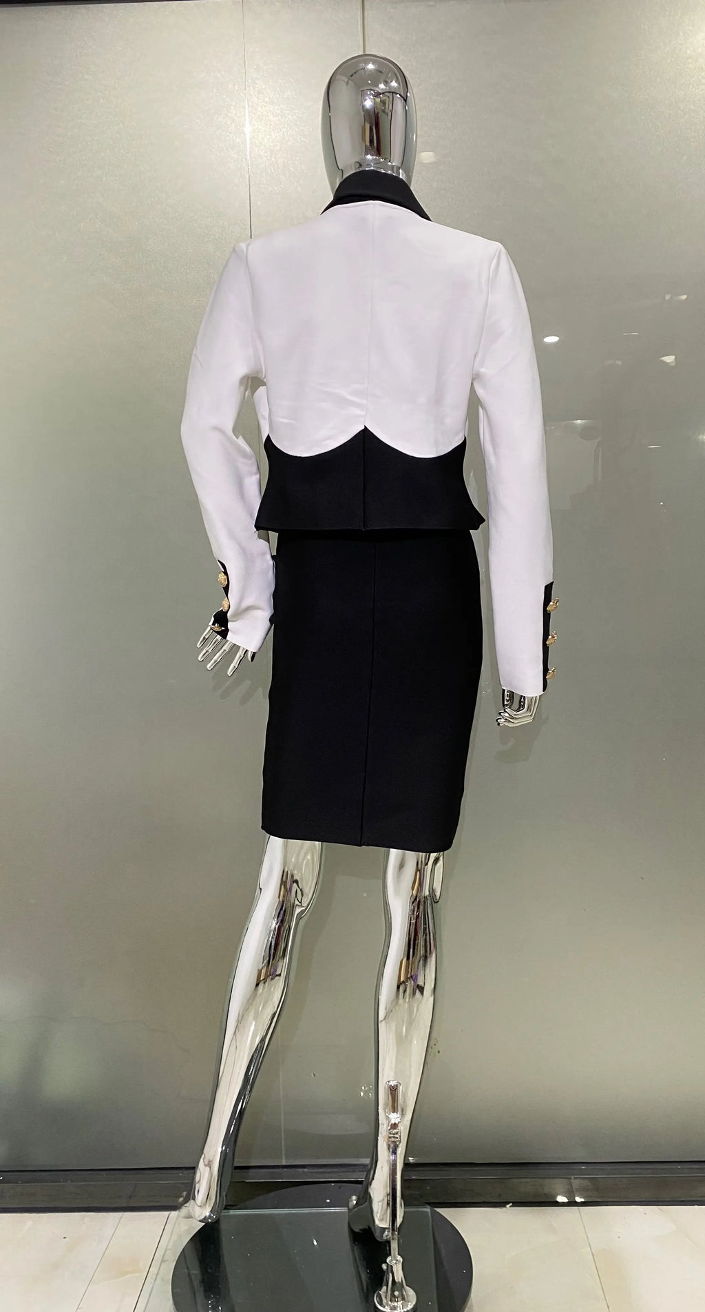 Arrivals Fashionable  Women's Bandage Set Golden Buttons White Patchwork Black Coat And Sleeveless Bodycon MIini Dress