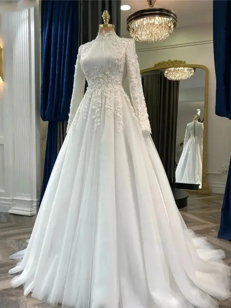 customized Muslim Wedding Dresses For Woman Appliques Flowers Arabic Dubai Long Sleeves Bridal Dress Tulle Robe De Mariage