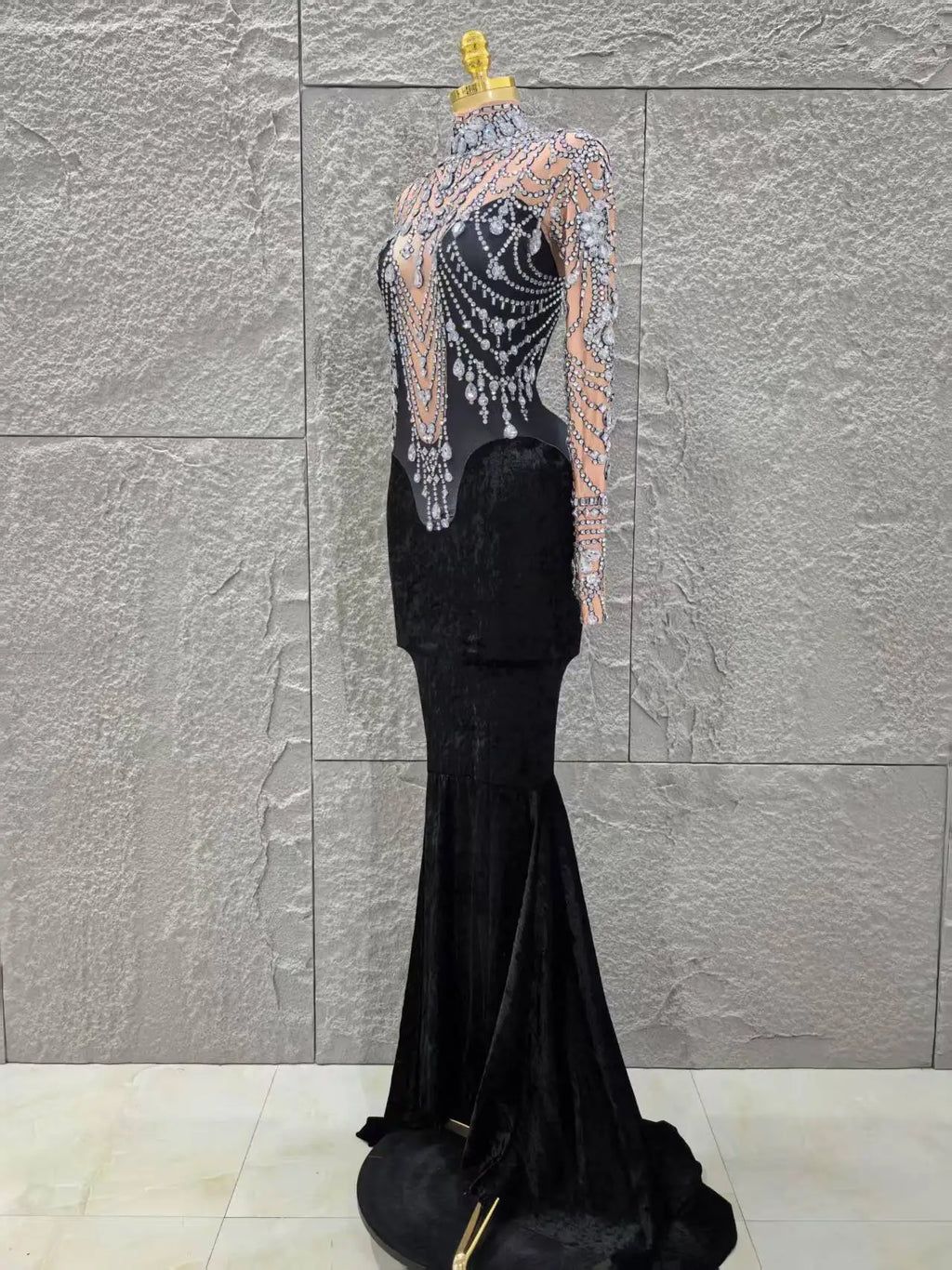Women Long Sleeve Sexy Shinning Crystal Velvet Bodycon Floor-length Dress Celebrate Evening Party Birthday Cocktail Dress