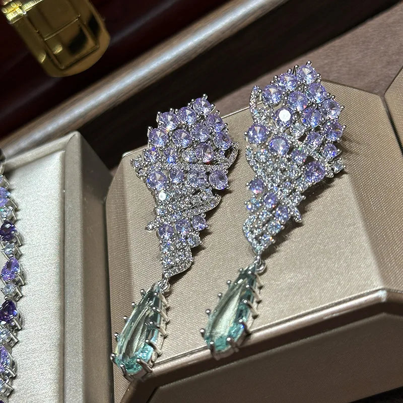Luxury Purple Zircon Bridal Earrings CZ Cubic Zirconia Wedding Earring For Women Brides Accessories Dinner Party Dress Jewelry B