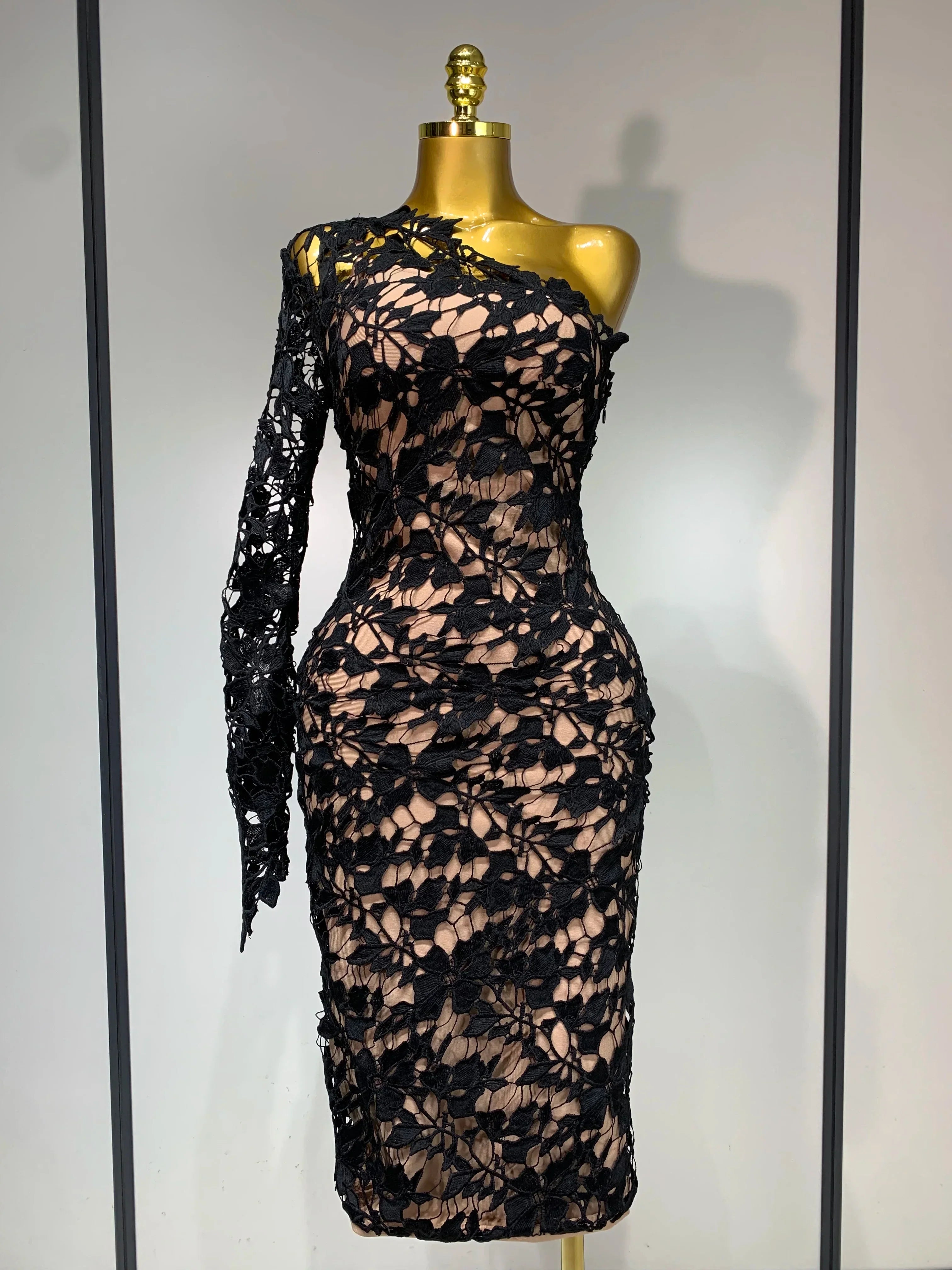 Women Sexy Lace Patchtop Bandage Dress Diagonal Collar Single Shoulder Long Sleeve Bodycon Dress Party Luxury Birthday Dresses black