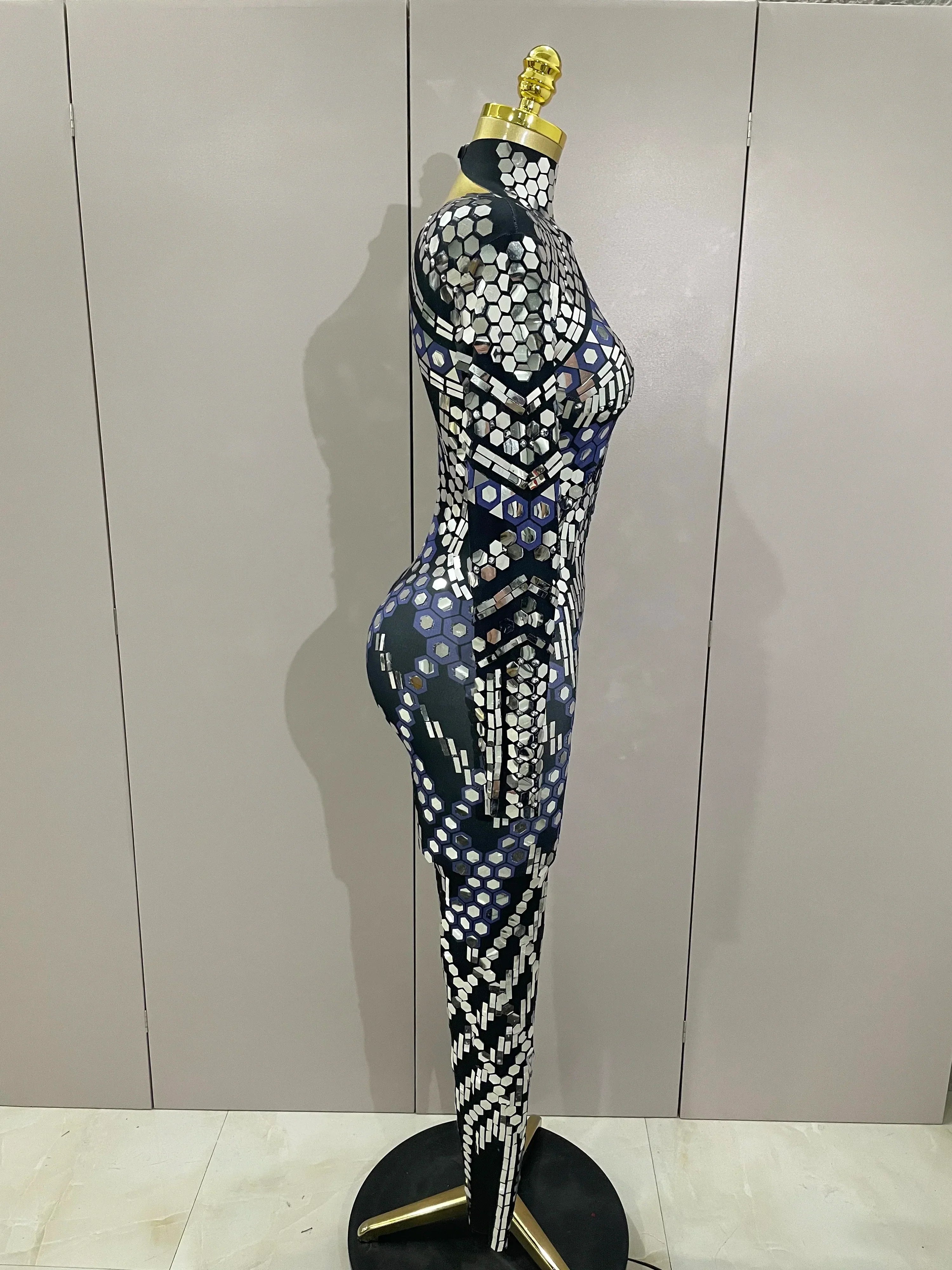 Sexy Shiny Silver Sequins Mirror Black Spandex Jumpsuit  Women Prom Dancer Singer Costume Evening Birthday Show Stage Outfit
