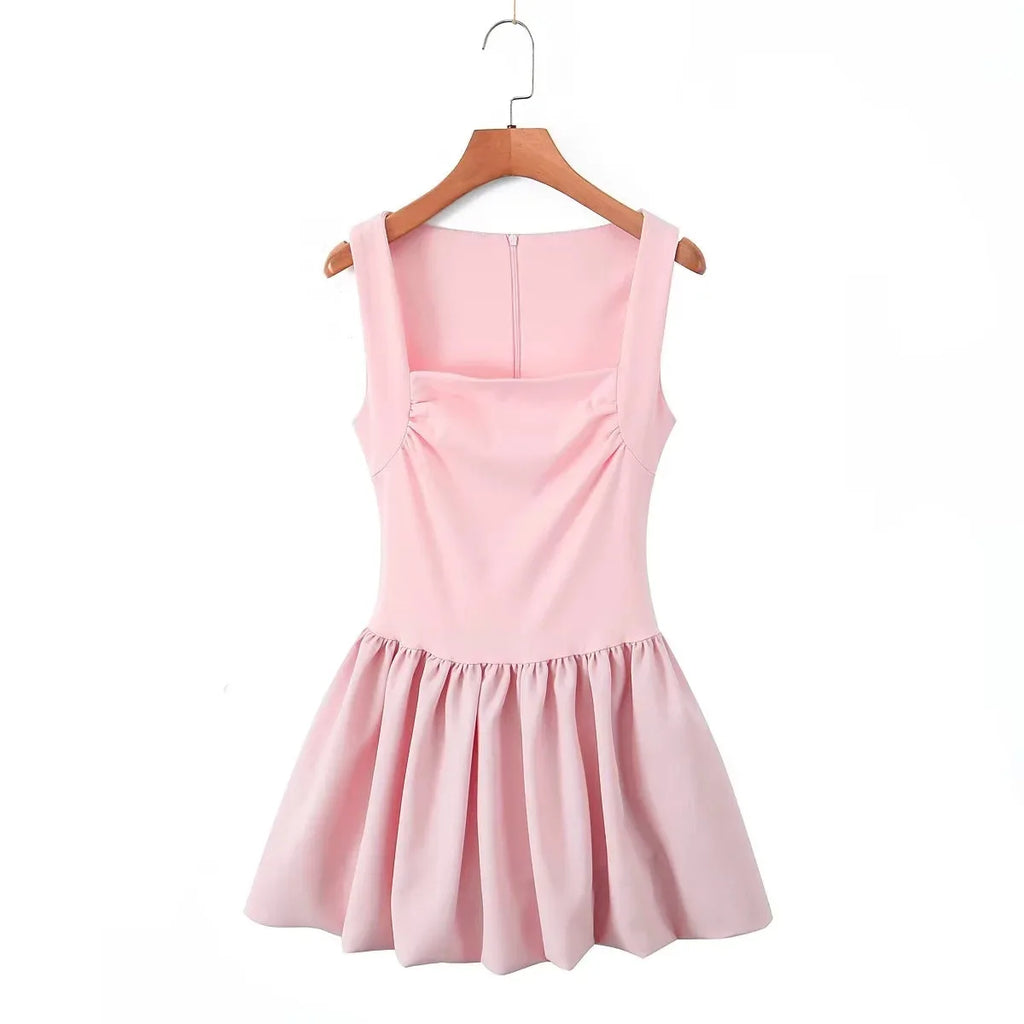 Spring Pink Sweet Mini Dress Women Square Collar Sleeveless Short A line Vestidos Elegant Fashion Casual Female Dresses 2025