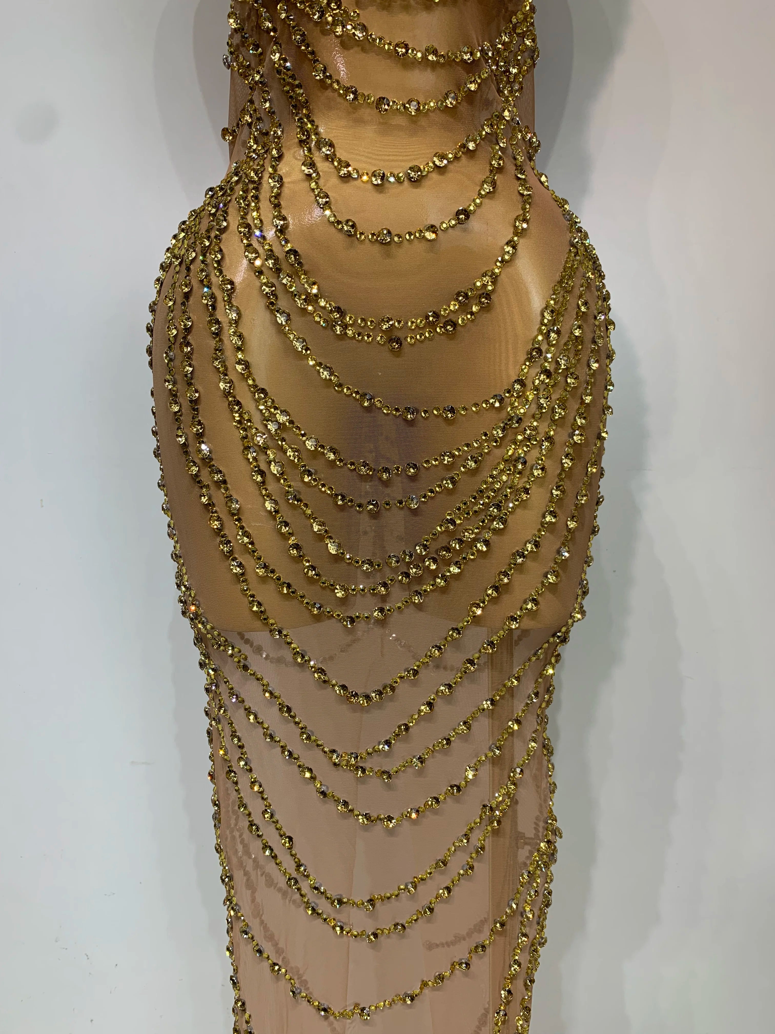 Sparkly Rhinestone Sexy Transparent Mesh Long Dress  Women Luxury Birthday Club Party Gown Stage Singer Performance Costume