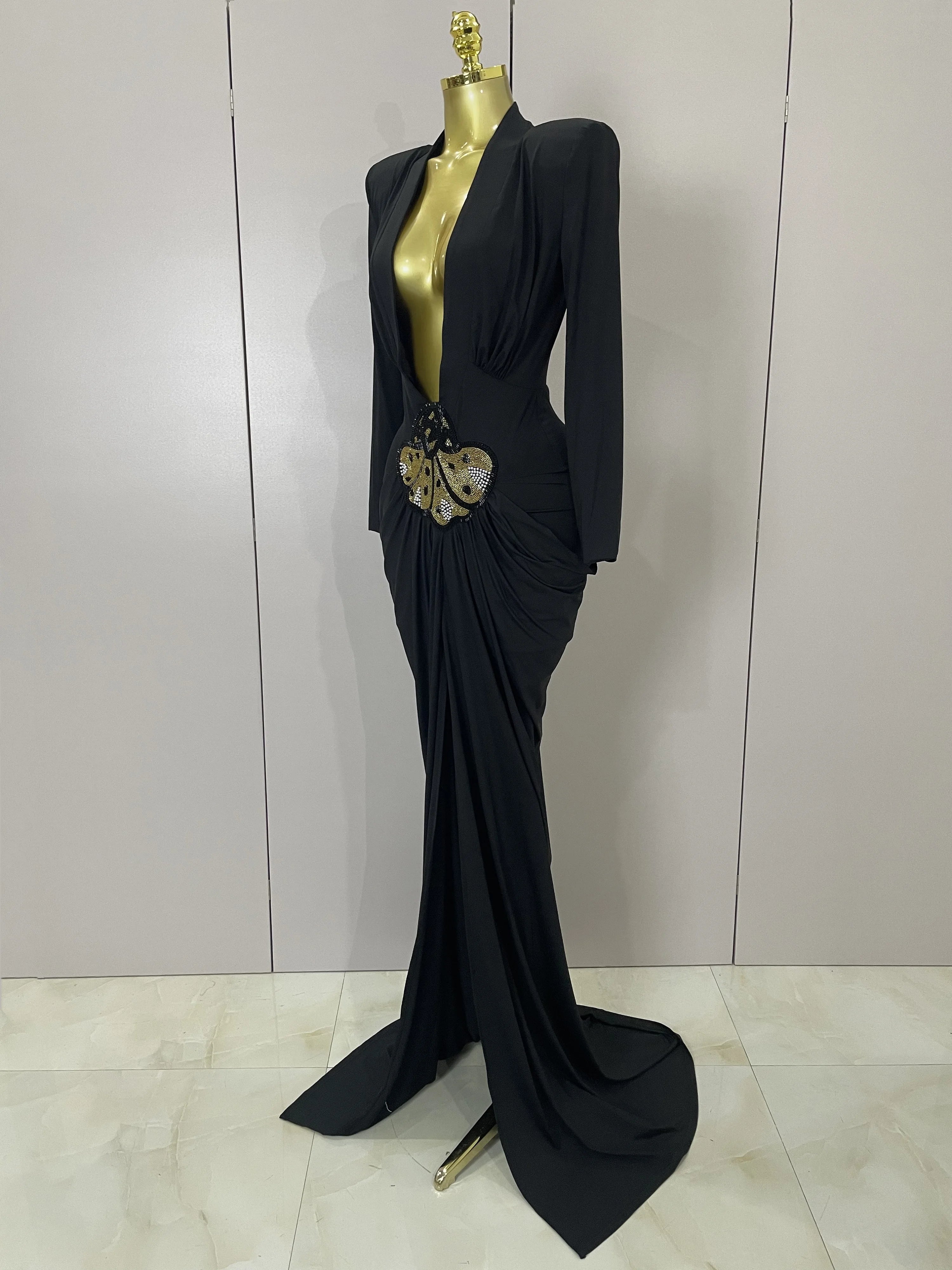 Sexy Deep V-Neck  Long Sleeve Bodycon Long Dress  Women Spring Elegant Evening Party Celebrate Cocktail Outfit Vestido