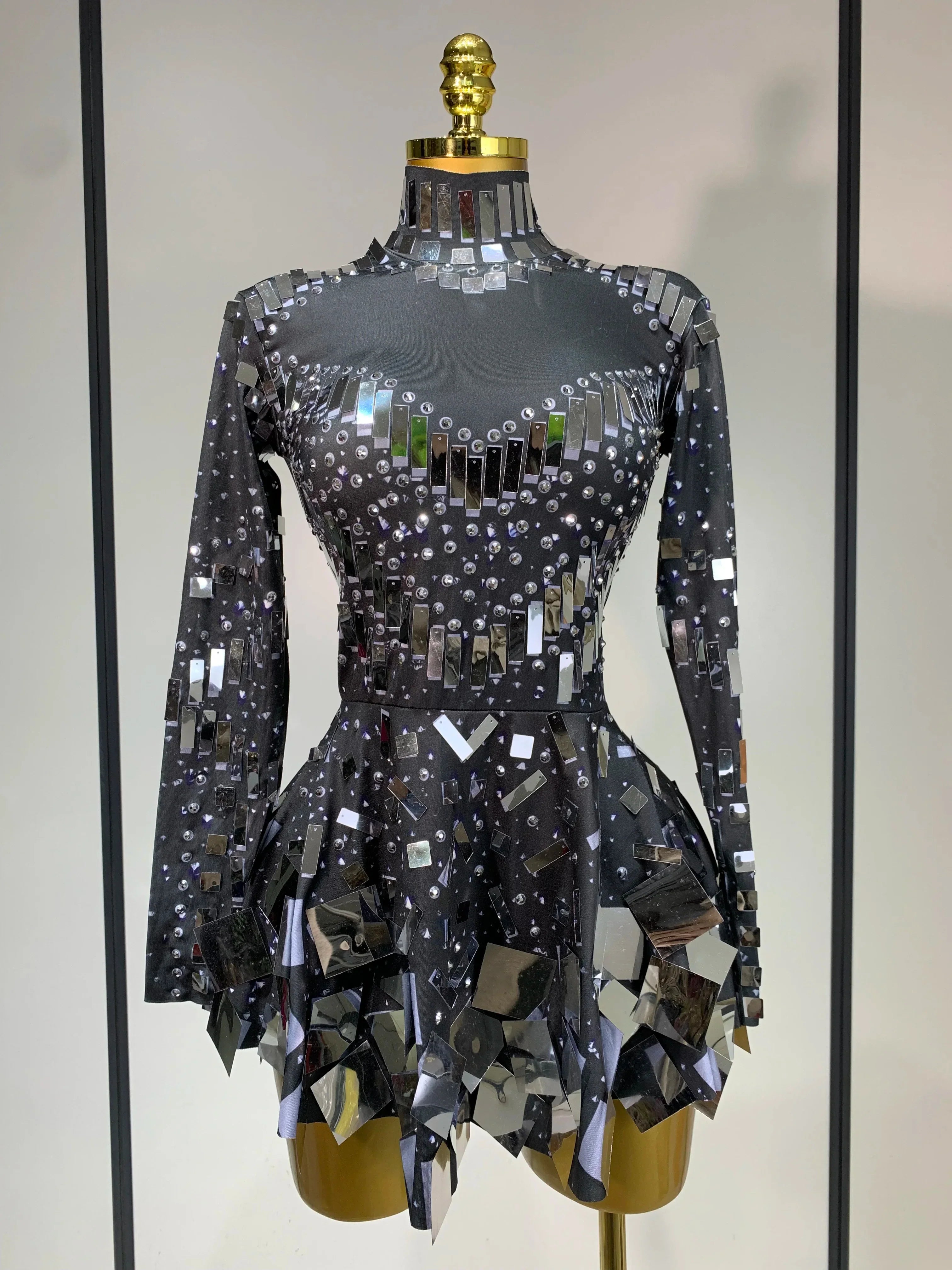 Women Sexy Elastic A-Line Dress Birthday Performance Costume Sparkly Sequin Nightclub Evening Party Hotwife Stage Outfit black