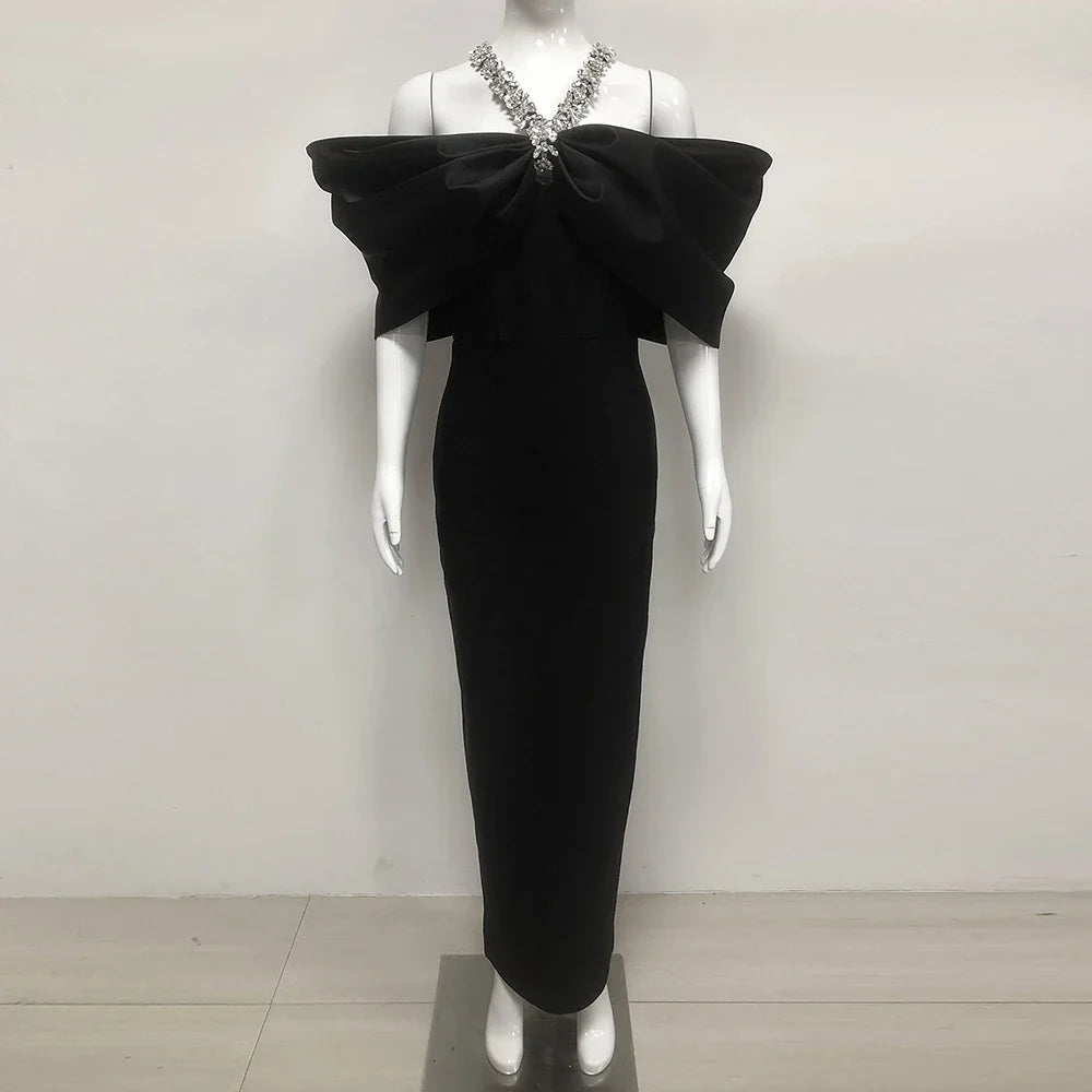 Sexy Off Shoulder Diamond Elegant Celebrity Evening Cocktail Tight Bandage Long Dress Women'S Spaghetti Strap Party Gowns black