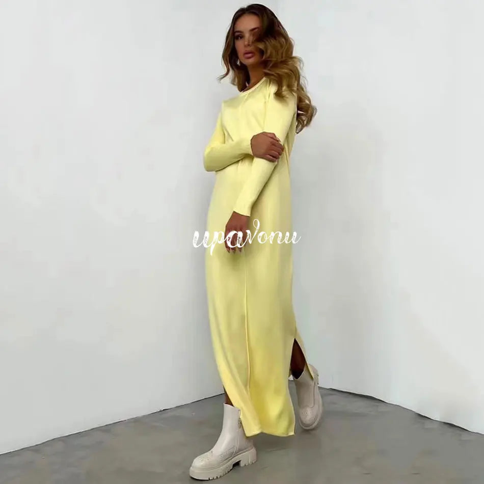2024 Casual Midi Knit Dress Women's O-neck Long Sleeve Split Straight Dresses Autumn Pure Color Knit Vestidos