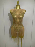 Luxury Sparkly Rhinestones Chain Sleeveless Mini Dress Women Sexy Performance Dance Nightclub Outfit Birthday Party Dress Gold