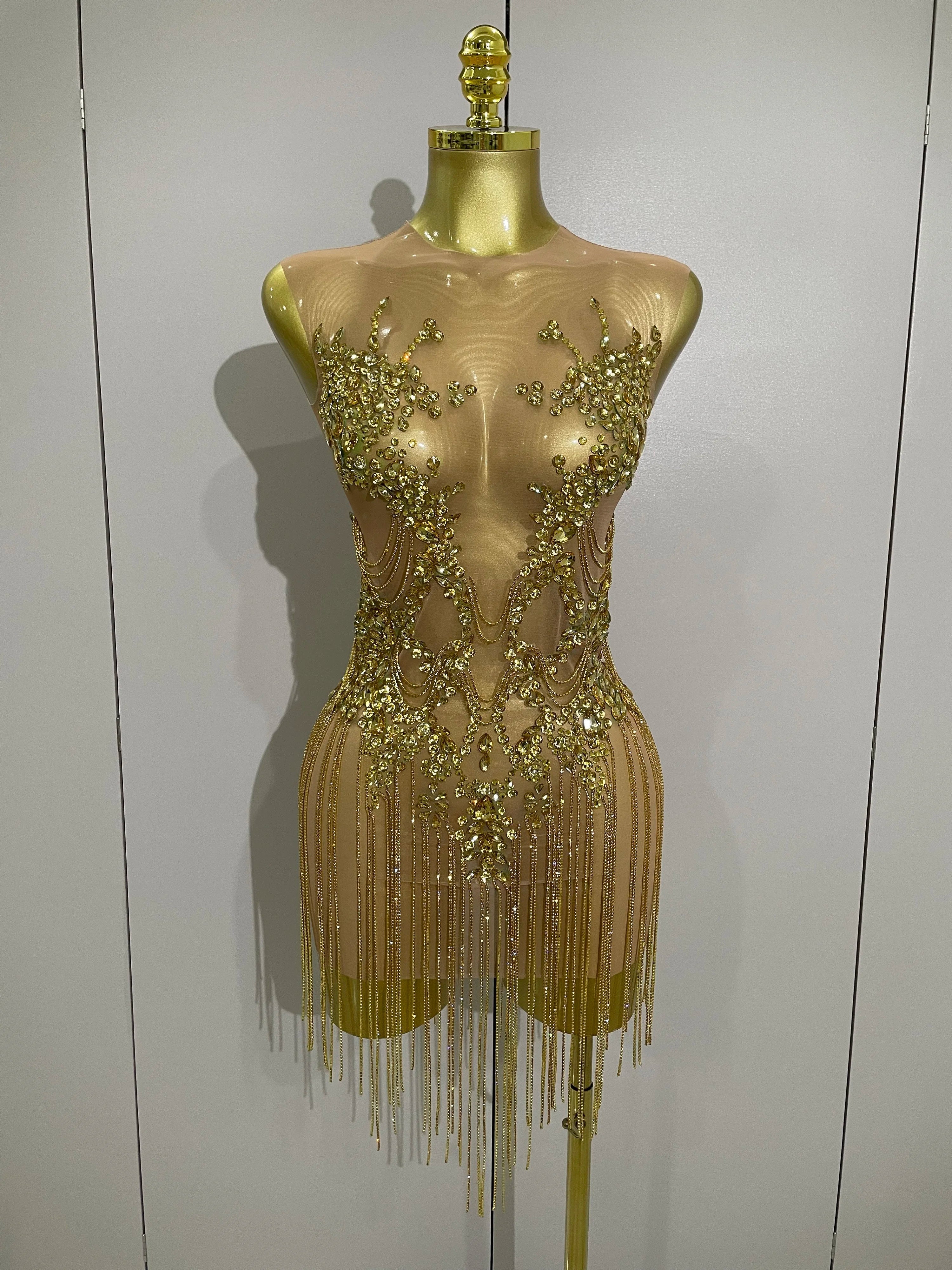Luxury Sparkly Rhinestones Chain Sleeveless Mini Dress Women Sexy Performance Dance Nightclub Outfit Birthday Party Dress Gold