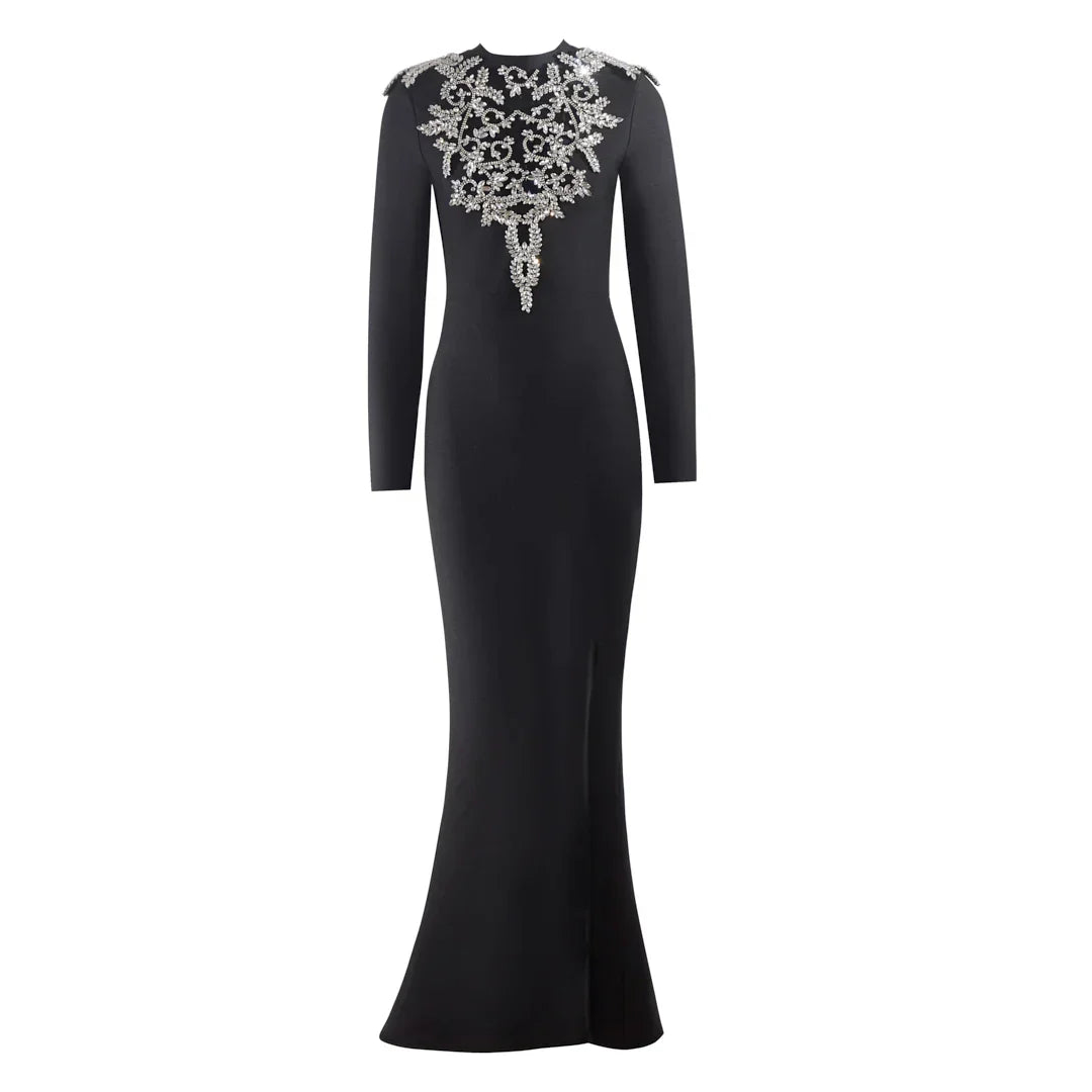 Sparkly Crystal Women Long Sleeve Sexy O-Neck Bodycon Long Bandage Dress Celebrate Elegant Evening Party Outfit