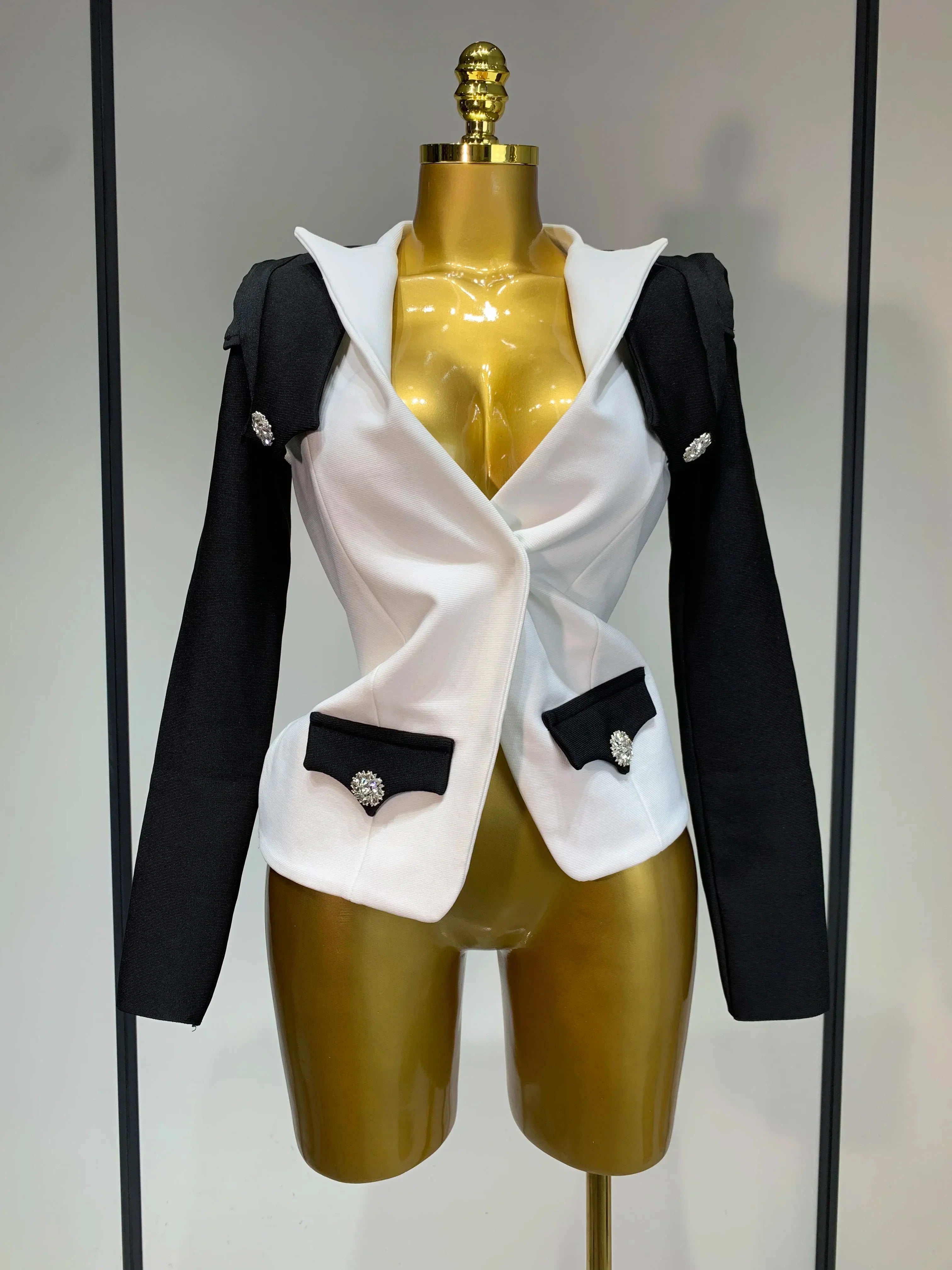 Fashion Black White Bandage Jacket Two Piece Set Women Slim Fit Diamond Button Suit Jackets Coat