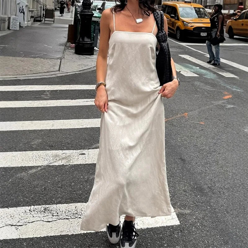 Slip Dress Women Summer Cotton Lined Loose Dresses Sleeveless Thin Straps White Long Dresses Backless Beach Holiday Dresses