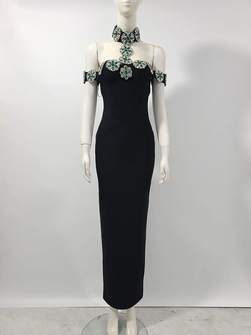 2024 Heavy Industry Beaded Women Sexy Bandage Dress Hanging Neck Style Card Shoulder Sleeve Bodycon Off Back Long Dress Vestidos black