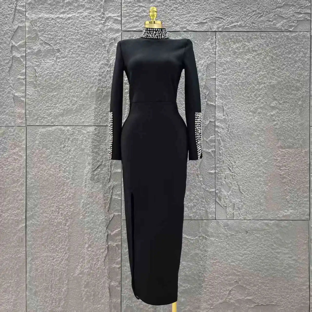 Women Long Sleeve Sparkly Crystal Bodycon Long Bandage Dress Elegant Evening Party Cocktail Fashion Outfit black