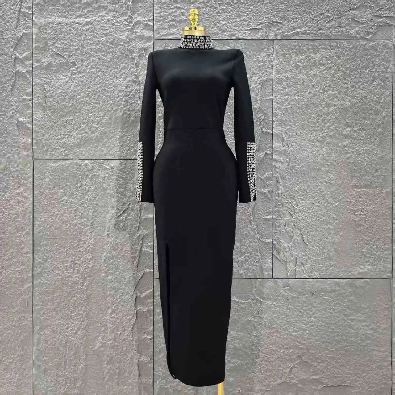 Women Long Sleeve Sparkly Crystal Bodycon Long Bandage Dress Elegant Evening Party Cocktail Fashion Outfit black