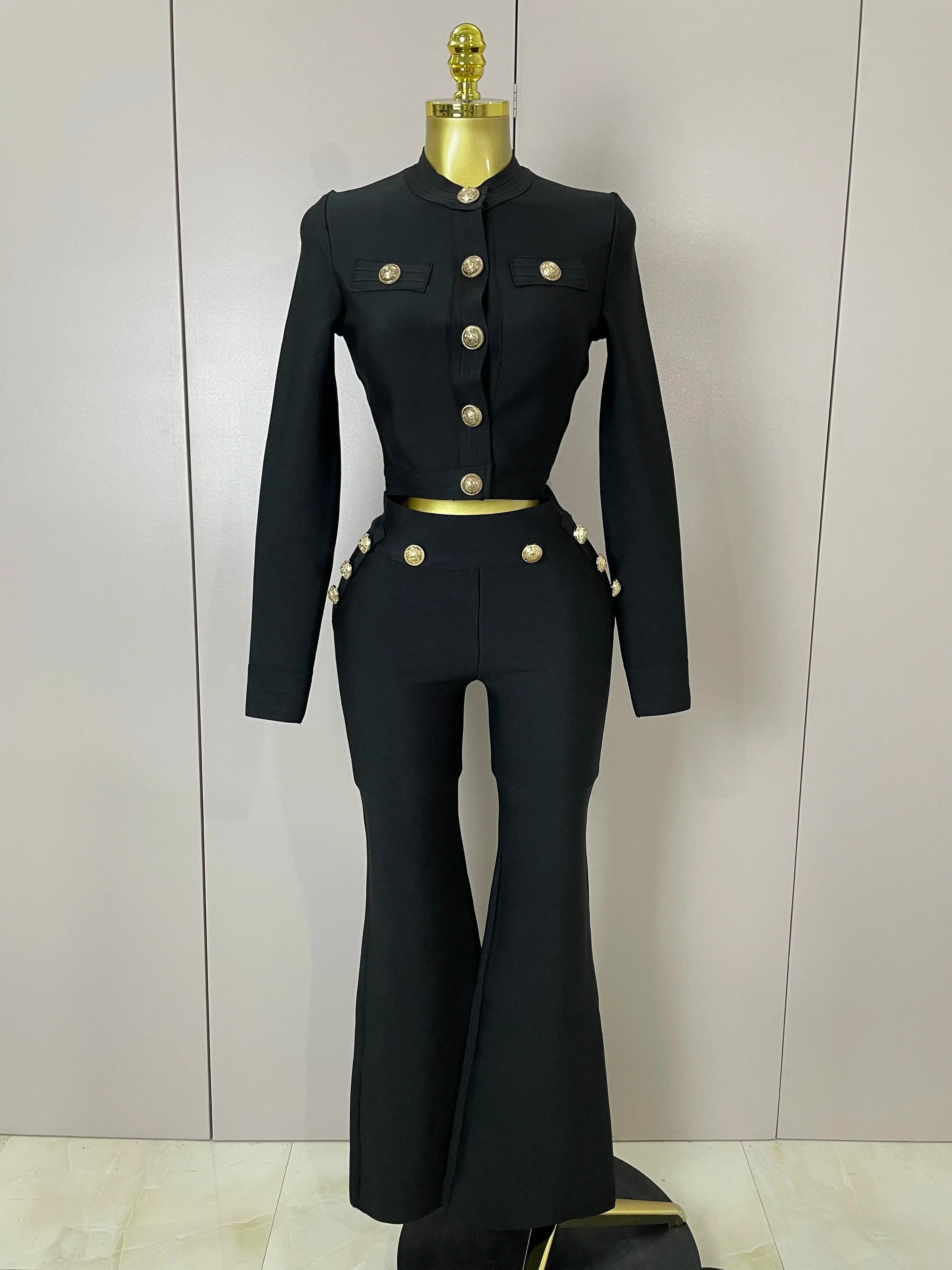 Golden Buttons Short Coat Top And Flare Pants Bandage 2 Pieces Set Woman Celebrity Evening Party Vestidos black