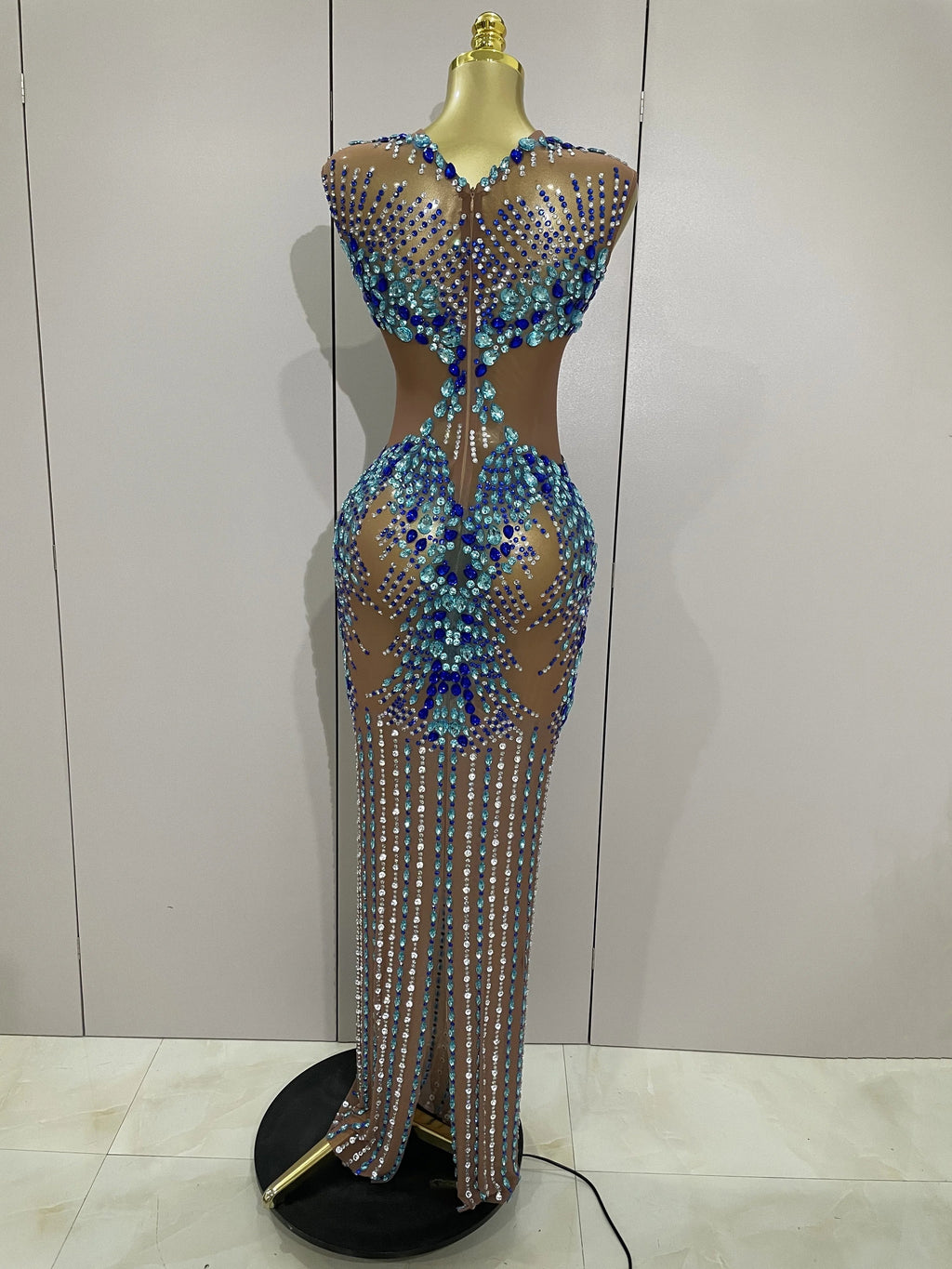 Luxury Sparkly Rhinestones Nude Sexy Mesh Maxi Dress Women Evening Birthday Party Elegant Gown Show Red carpet Stage Costume