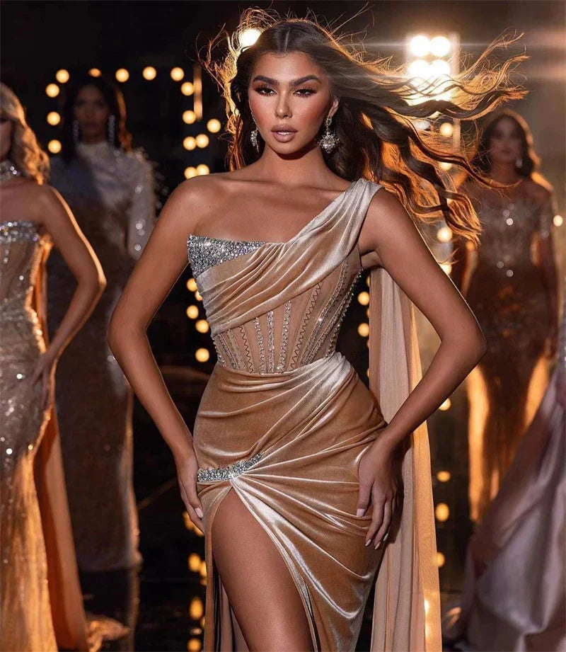Luxury Diammonds High Slit One Shoulder Long Ribbon Velvet Strapless Floor Length Dress Celebrity Party Dress Birthday Vestido