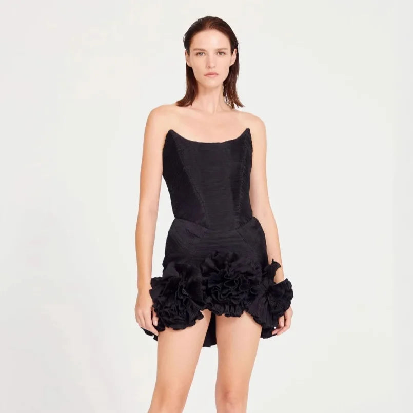 Women Sexy Strapless Bodycon Mini Bandage Dress Florals Celebrate Girls' Birthday Party Nightclub Outfit black