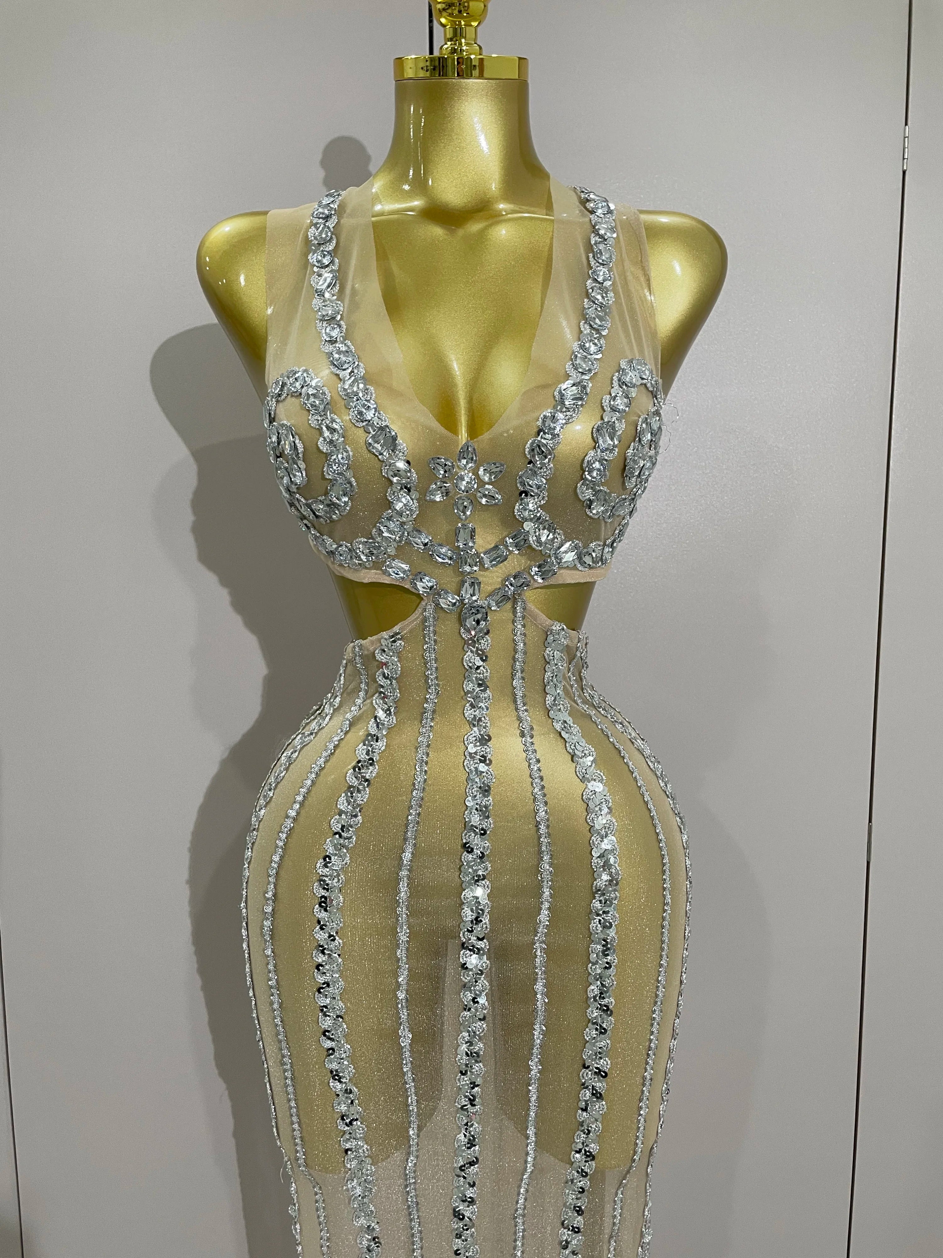 Luxury Sparkly Diamonds Sequins Sexy Mesh See Through Long Dress  Women Celebrate Birthday party Dresses Festival Costume