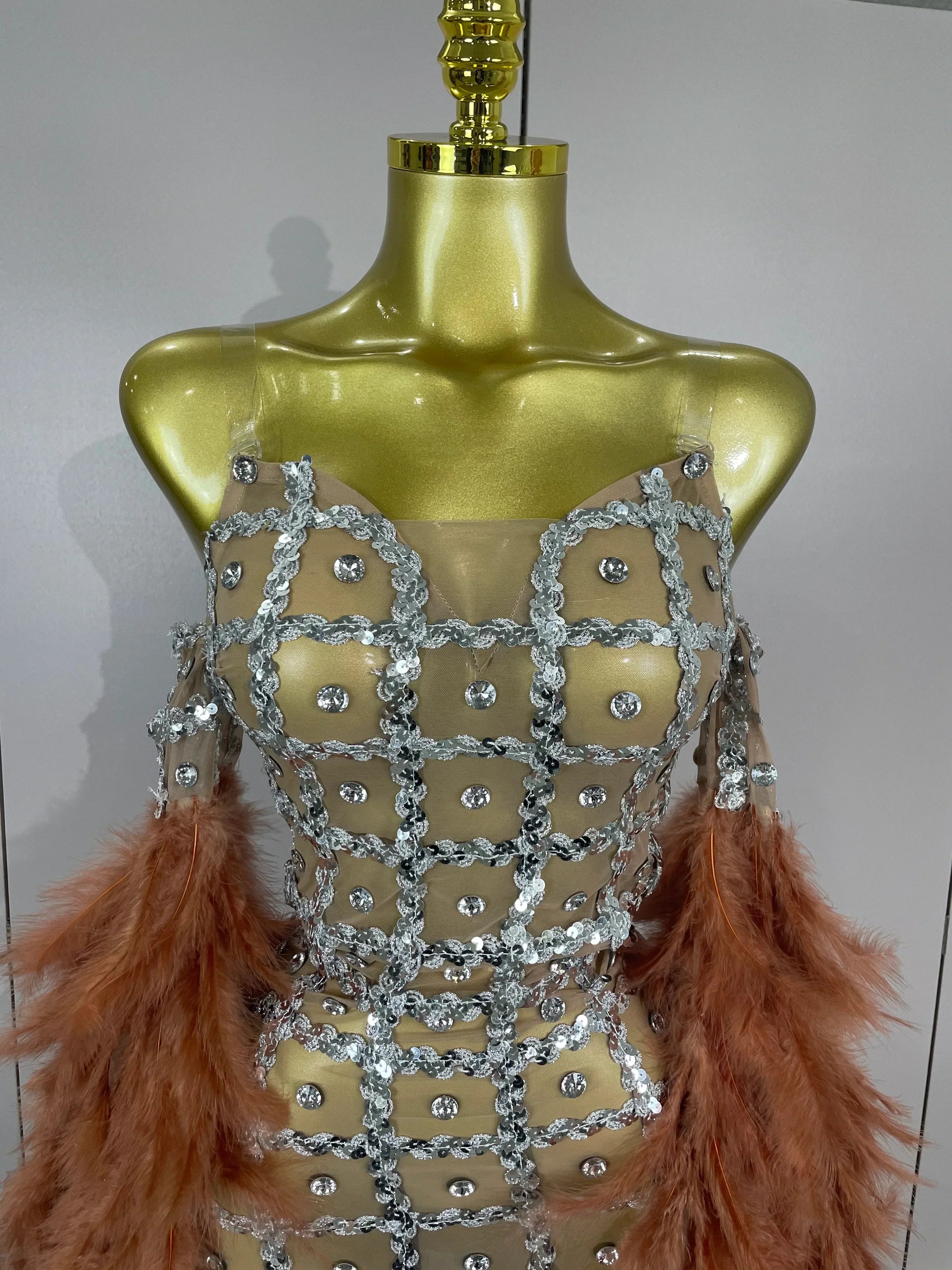 Luxury Sparkling Diamond Feather Mesh Tight Sexy Mesh Long Dress  Women Birthday Party Nightclub Stage Performance Costume
