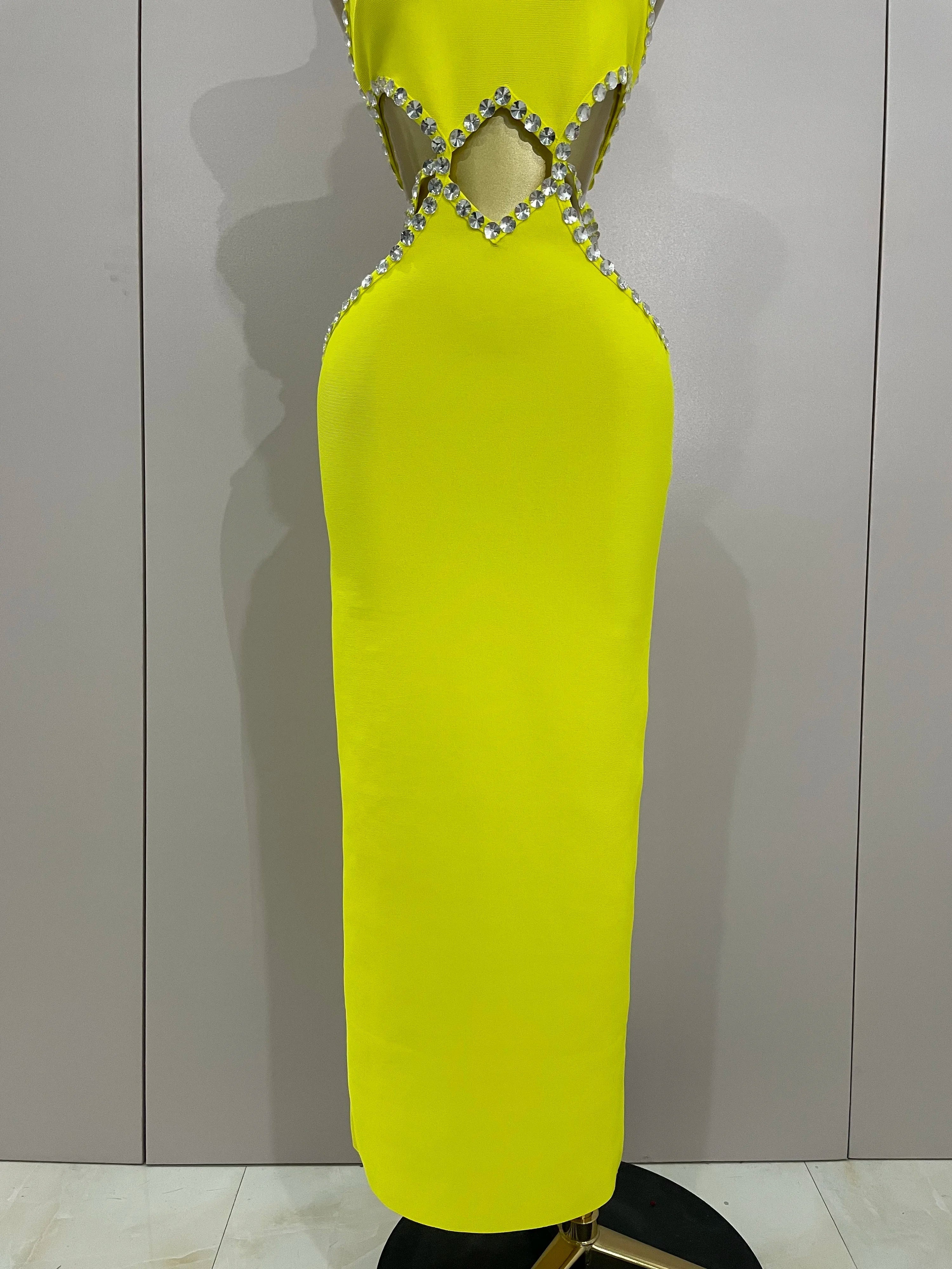 Luxury Sexy Backless Halter Beading Maxi Long Lemon Yellow Bandage Dress  Women Elegant Evening Club Birthday Party Dress