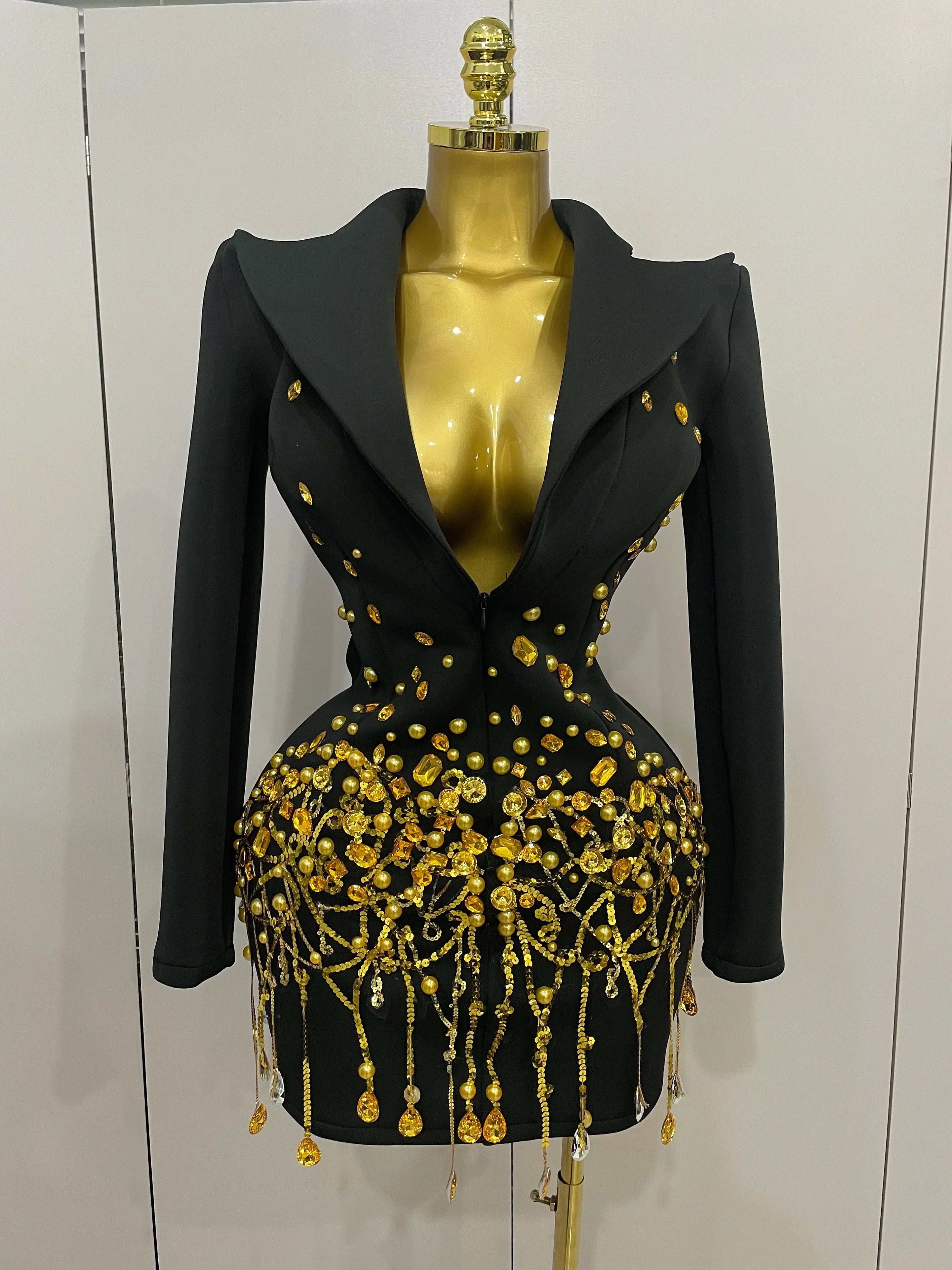 Sparkly Crystal Chains Pearls Long Sleeve Mini Dress Women Birthday Evening Party Nightclub Outfit Singer Wedding Costume Gold