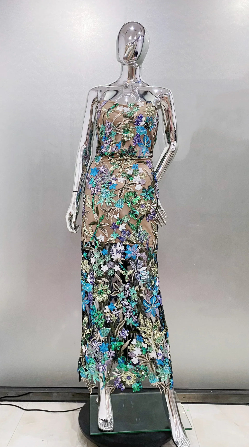 Sequin Flowers Embroidery Sexy Mesh See Through Strapless Ankle Length Dress Elegant Woman Evening Dress Celebrity Party Outfit green