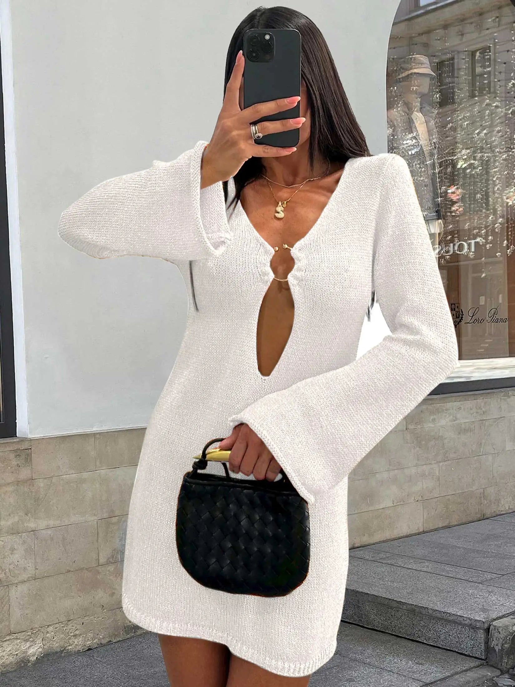 Knitted Flared Sleeve V Neck Mini Dress