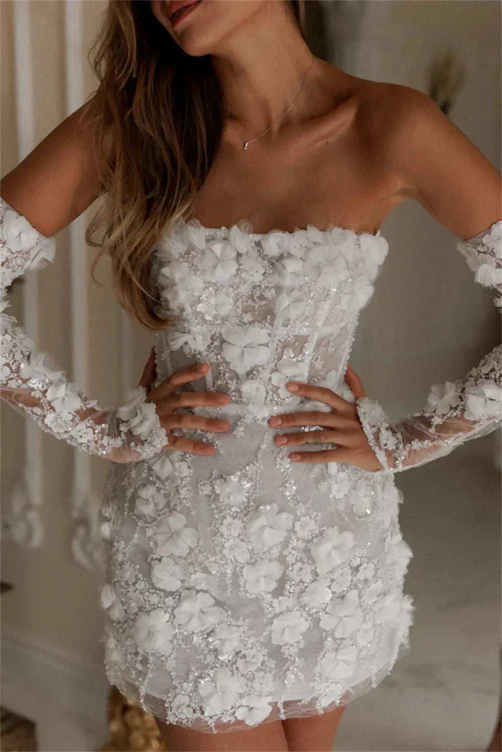 Intricate Sparkle Strapless A-line Celebrity Dress Applique Paillette / Sequins Mini Organza Cocktail wedding dress