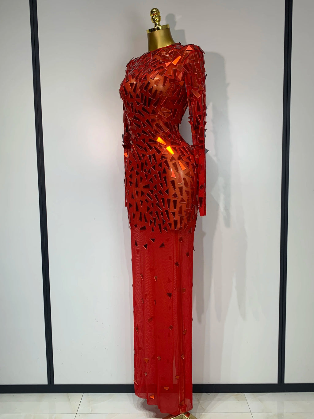 Sparkly Sequin Red Long Dress Luxury Birthday Celebrate Wedding Evening Prom Clothing Sexy Mesh See Through Strech Evening Gown