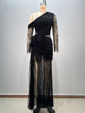 Women's Light Luxury Lace Maxi Dress Diagonal Collar Lace Long Sleeve Bodycon Draped Split Sexy Long Dresses Party Vestidos black