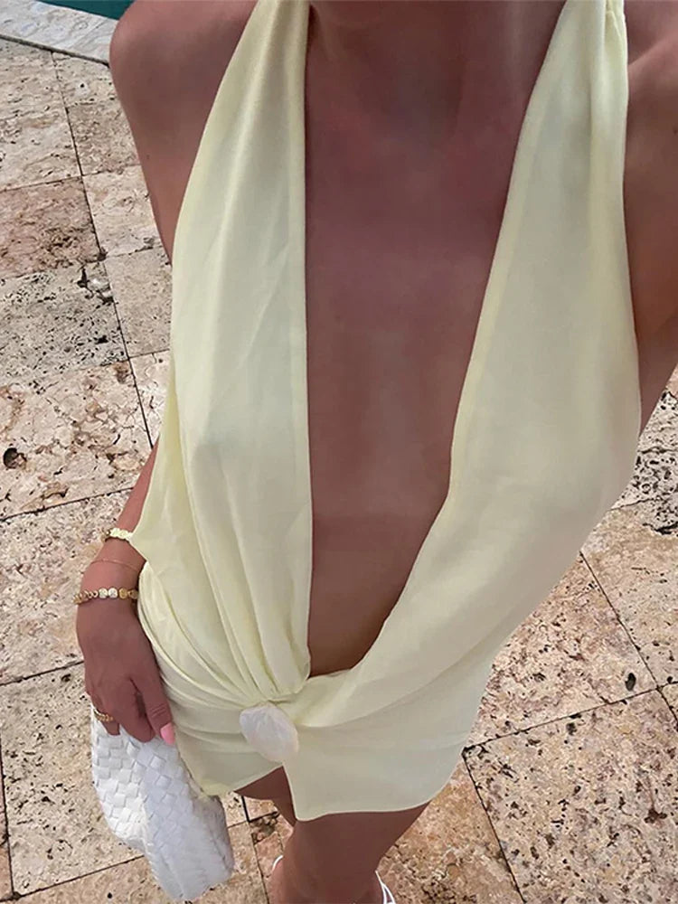 LaceUp Backless V Neck Halter Mini Dress