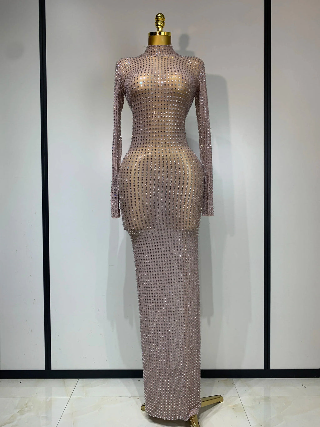 Sparkly Rhinestone Elegant Party Long Dress Celebrity Evening Luxury Birthday Nightclub Prom Gown Singer Dancer Stage Outfit GRAY