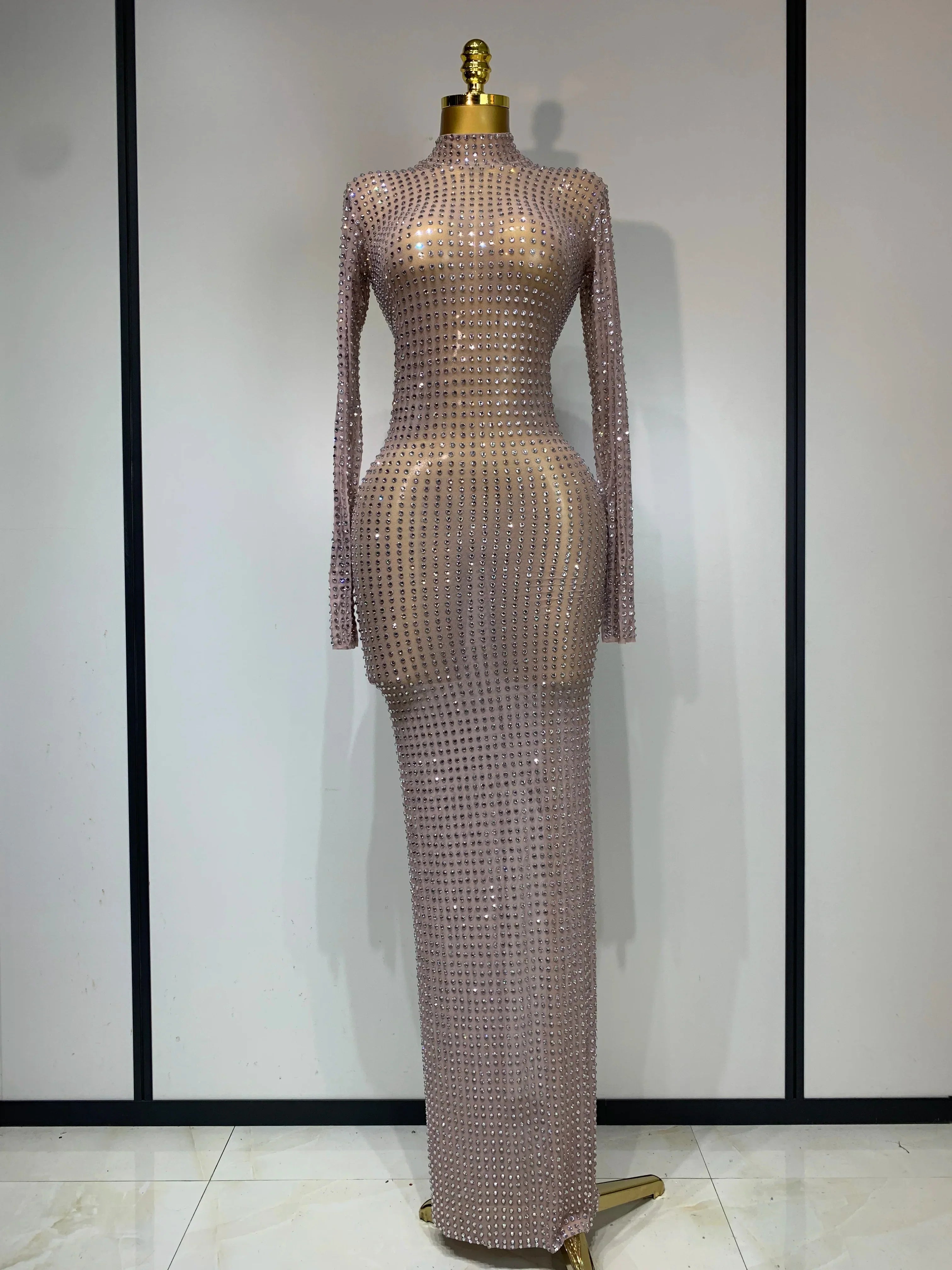 Sparkly Rhinestone Elegant Party Long Dress Celebrity Evening Luxury Birthday Nightclub Prom Gown Singer Dancer Stage Outfit GRAY